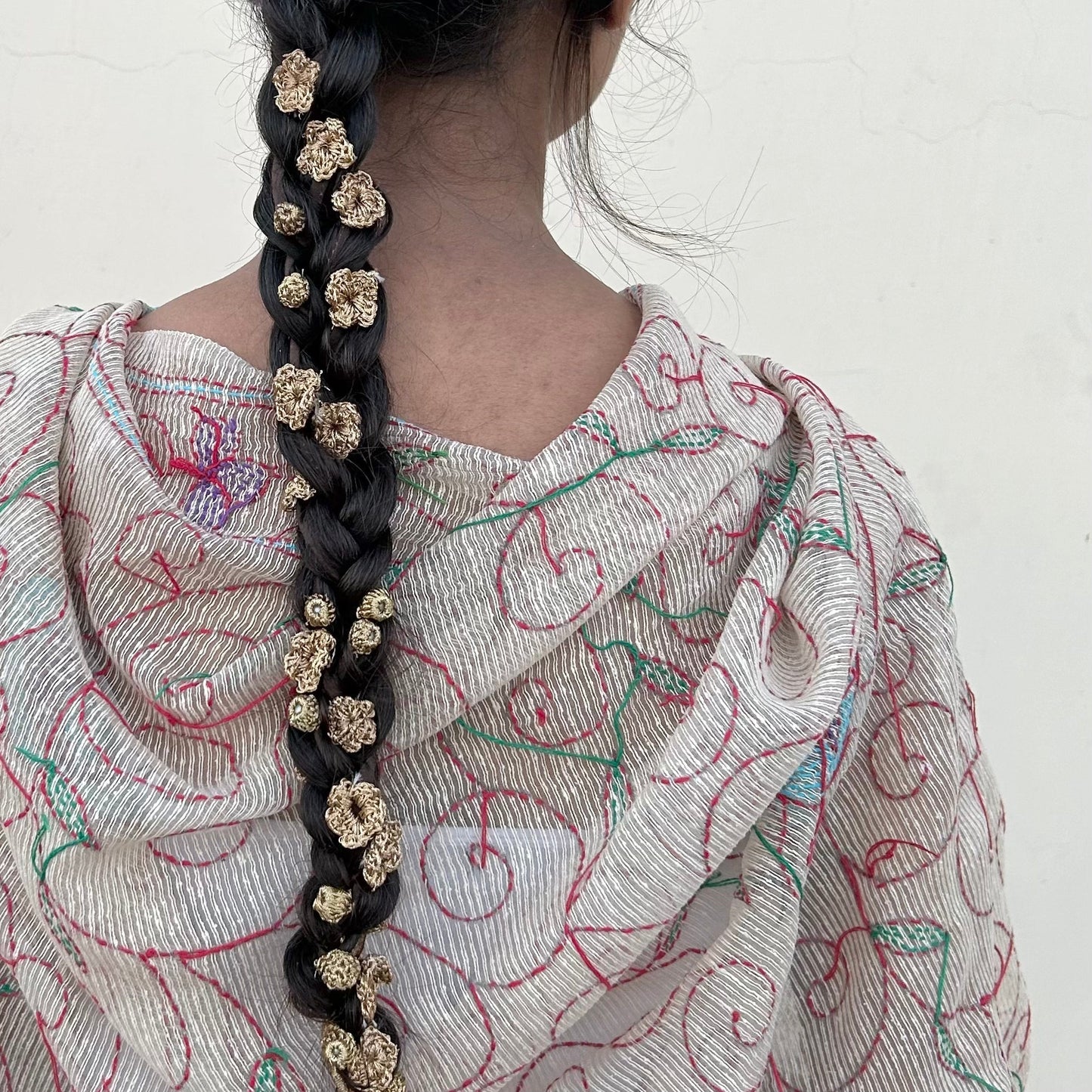 Golden Crochet Hair Parandi by Ikriit'm with Cotton yarn, Crochet, Free Size, Golden, Ikriit'm, Made from Natural Materials, Parandi, Stainless Steel, Women Led Designer at Kamakhyaa for sustainable fashion