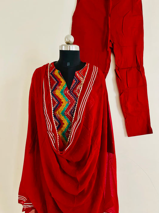 Red with Multicolor Stripe Kurta Pant set with Dupatta by Indian Wear with at Kamakhyaa for sustainable fashion