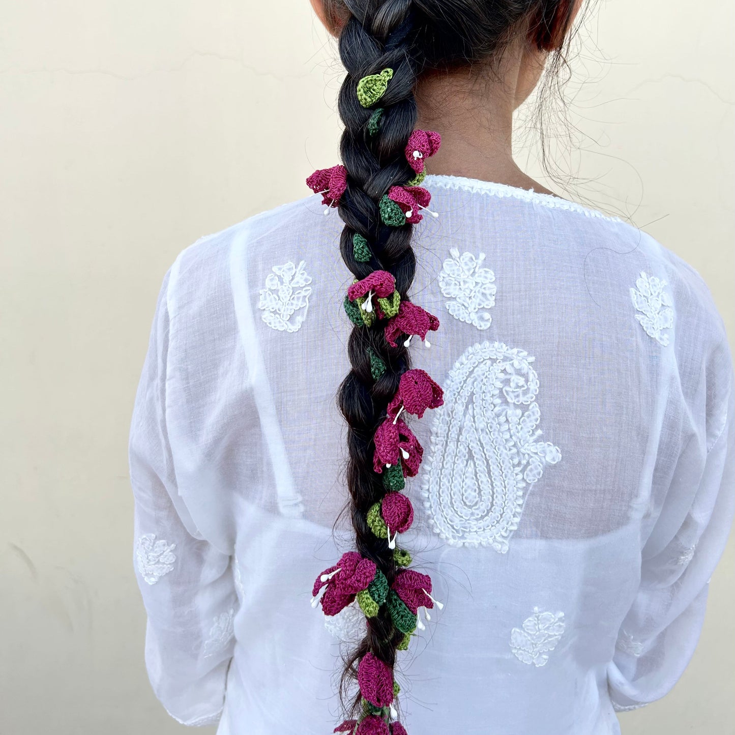 Pink Crochet Hair Parandi by Ikriit'm with Cotton yarn, Crochet, Free Size, Ikriit'm, Made from Natural Materials, Parandi, Pink, Stainless Steel, Women Led Designer at Kamakhyaa for sustainable fashion