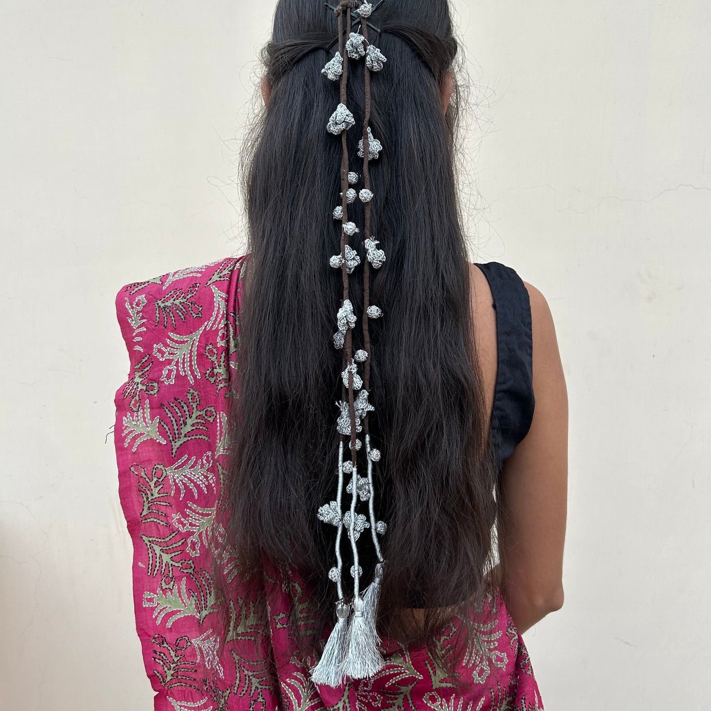 Silver Crochet Hair Parandi by Ikriit'm with Cotton yarn, Crochet, Free Size, Ikriit'm, Made from Natural Materials, Parandi, Silver, Stainless Steel, Women Led Designer at Kamakhyaa for sustainable fashion