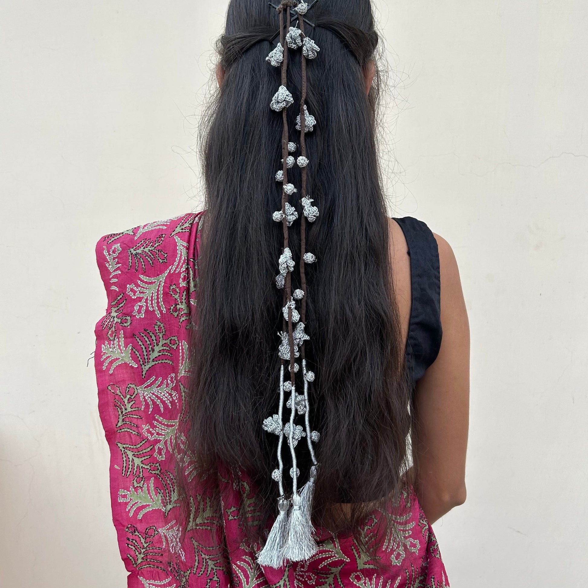 Silver Crochet Hair Parandi by Ikriit'm with Cotton yarn, Crochet, Free Size, Ikriit'm, Made from Natural Materials, Parandi, Silver, Stainless Steel, Women Led Designer at Kamakhyaa for sustainable fashion