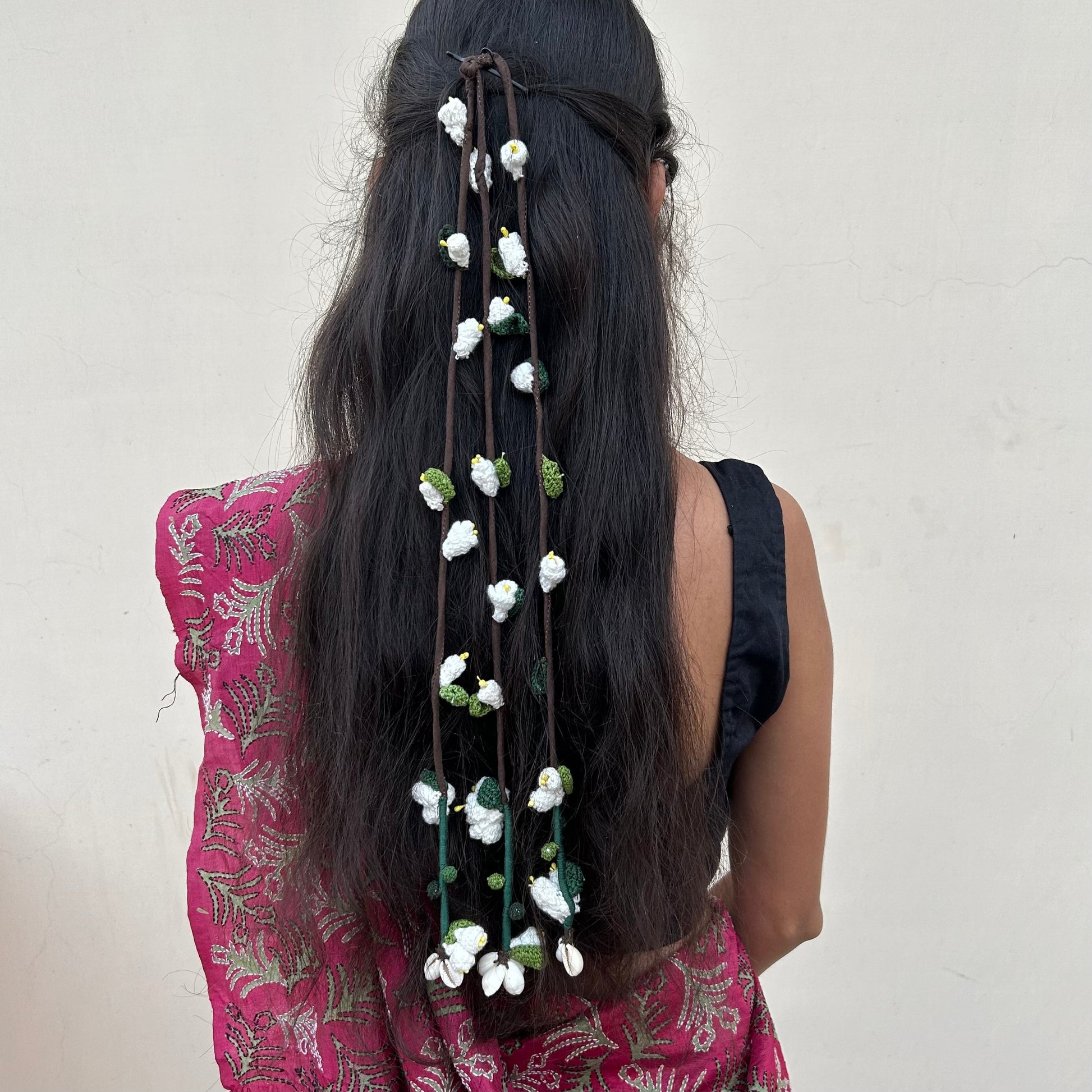 White Mogra Crochet Hair Parandi by Ikriit'm with Cotton yarn, Crochet, Free Size, Ikriit'm, Made from Natural Materials, Parandi, Stainless Steel, White, Women Led Designer at Kamakhyaa for sustainable fashion