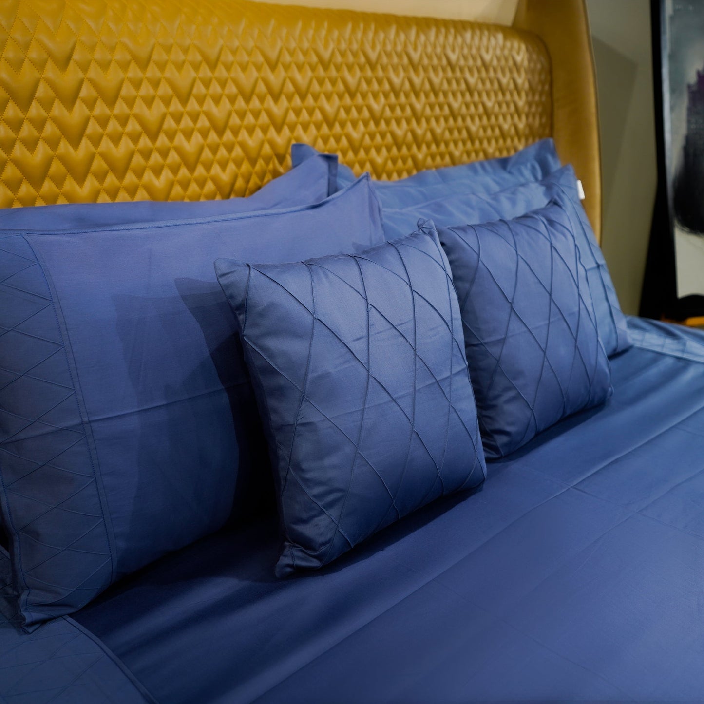 Majestic Sapphire Diamond Simplicity Set by Aetherea with 100% Cotton, 300 TC, 500 TC, Bed Sets, Blue, Cushion, Designer Bedsheets, Diamond, King, Queen, Royal Blue, Solid at Kamakhyaa for sustainable fashion
