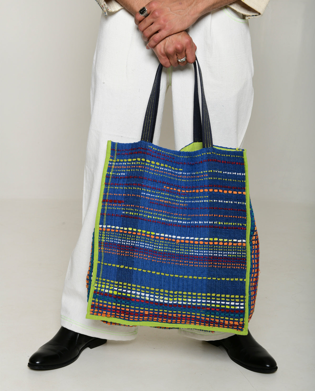 Handwoven Blue Cotton Bag by Rias Jaipur with 100% Cotton, Bags, Blue, Casual wear, Multicolor, Natural, One size, RE 2.O, RE 2.O by Rias Jaipur, Stripes, Tote Bags, Unisex at Kamakhyaa for sustainable fashion