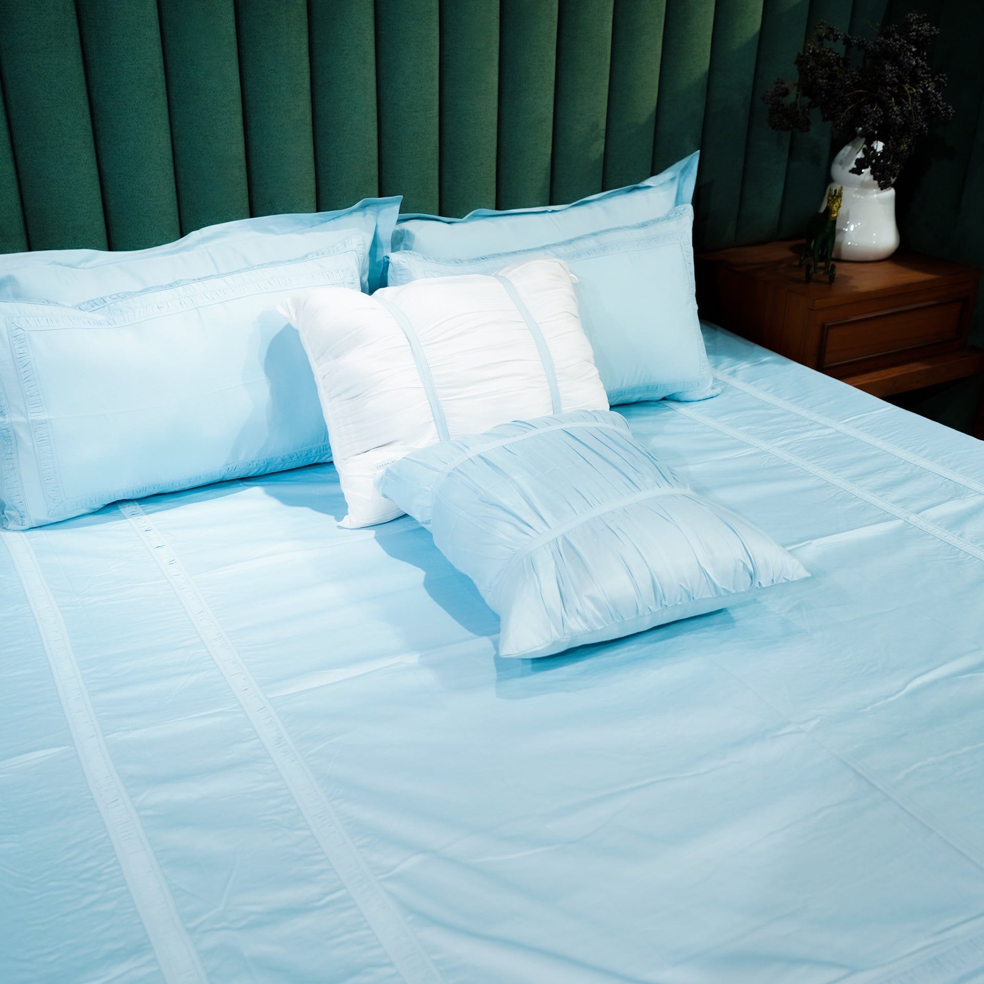 Azure Whisper Opulent Edge by Aetherea with Designer Bedsheets at Kamakhyaa for sustainable fashion