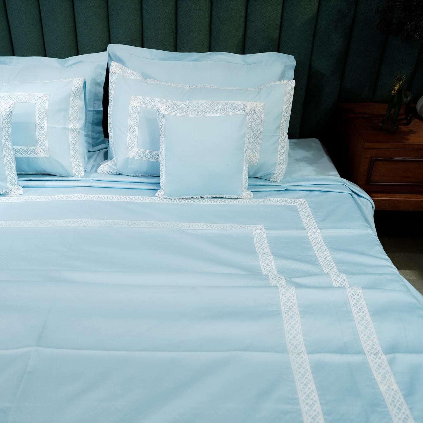Azure Whisper Cotton Bloom Set by Aetherea with 100% Cotton, 500 TC, Baby Blue, Bed Sets, Blue, Cushion, King, Lace, Queen at Kamakhyaa for sustainable fashion