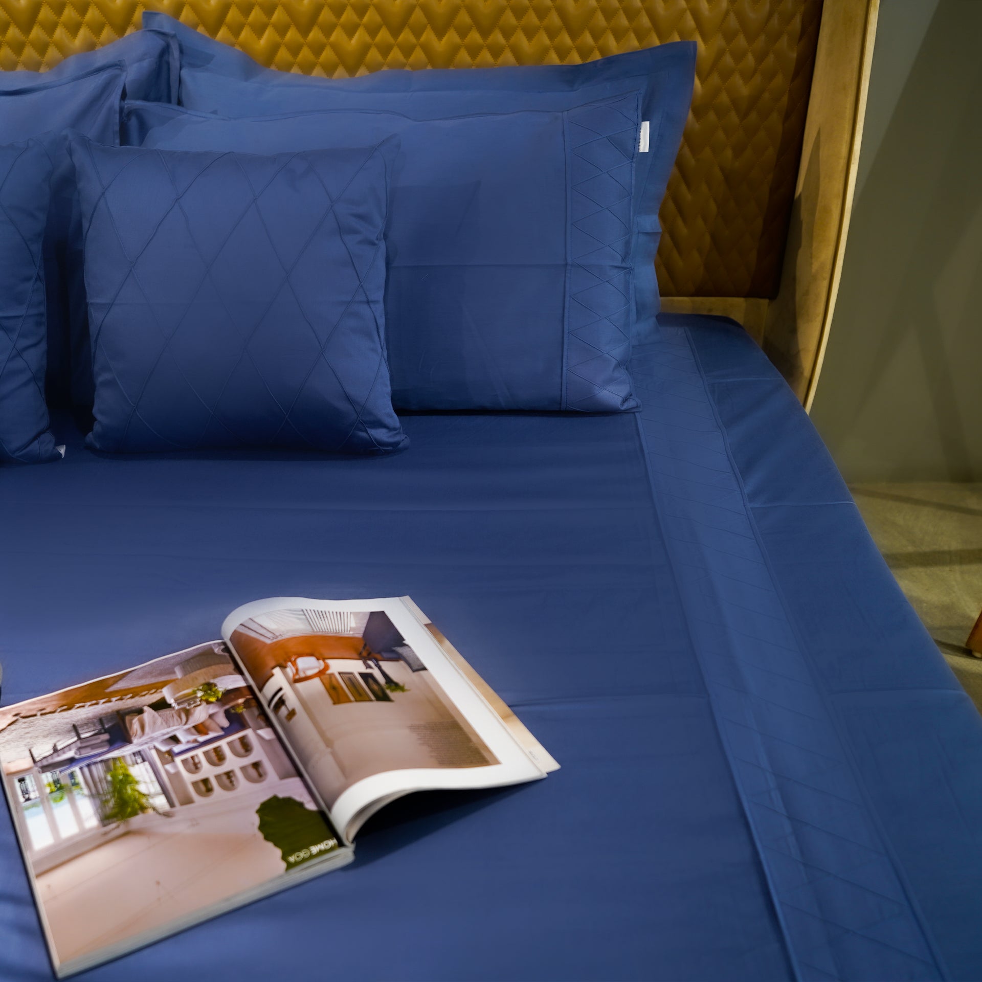 Majestic Sapphire Diamond Simplicity Set by Aetherea with 100% Cotton, 300 TC, 500 TC, Bed Sets, Blue, Cushion, Designer Bedsheets, Diamond, King, Queen, Royal Blue, Solid at Kamakhyaa for sustainable fashion