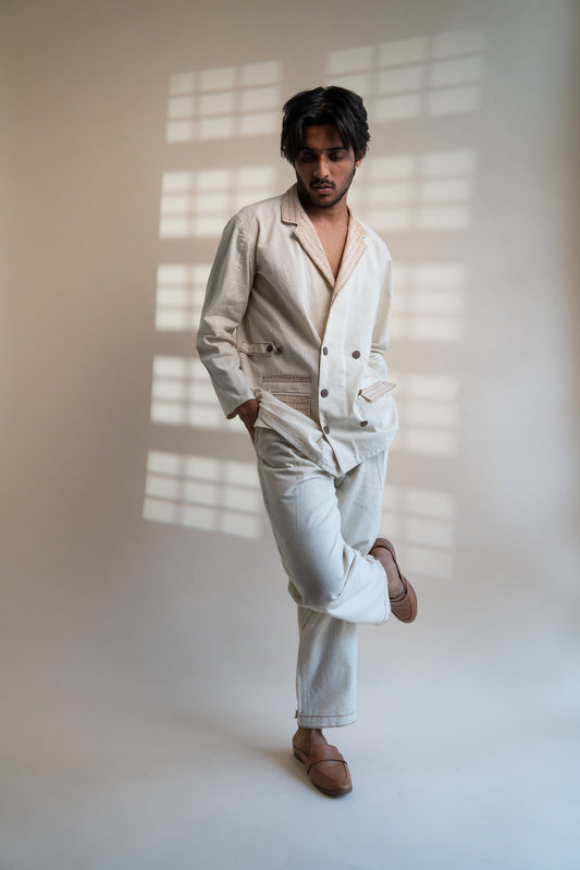 Dawning Unisex Double Breasted Jacket & Pleated Pants Set by Lafaani with Beige, Bottoms, Casual Wear, Co-ord Sets, Dawning by Lafaani, Denim, Embroidered, For Him, Hand Woven Cotton, Kora, Mens Co-ords, Menswear, Natural, Regular Fit, Unisex at Kamakhyaa for sustainable fashion
