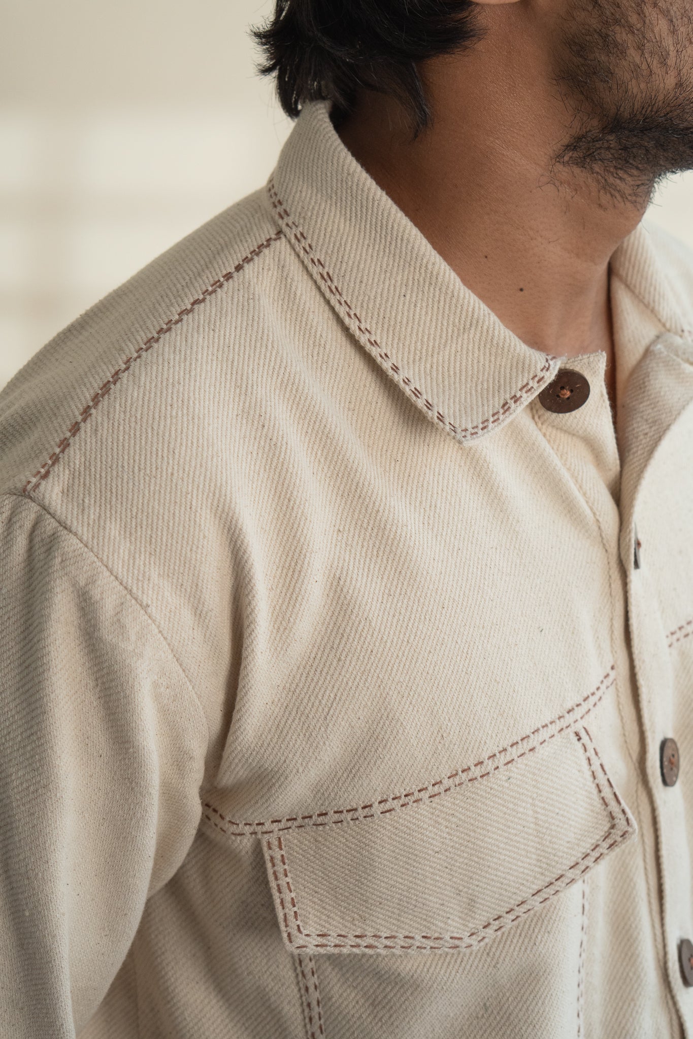 Dawning Denim Jacket by Lafaani with Beige, Casual Wear, Dawning by Lafaani, Denim, Embroidered, For Him, Hand Woven Cotton, Jackets, Kora, Mens Overlay, Menswear, Natural, Regular Fit at Kamakhyaa for sustainable fashion