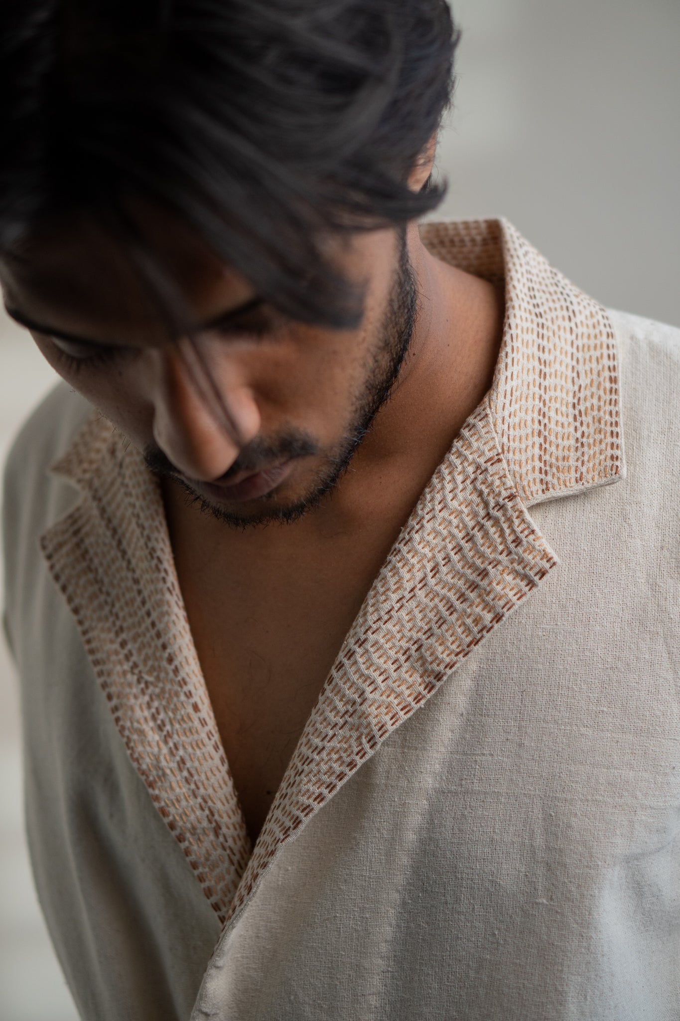 Dawning Unisex Double Breasted Jacket by Lafaani with Beige, Casual Wear, Dawning by Lafaani, Denim, Embroidered, For Him, Hand Woven Cotton, Jackets, Kora, Mens Overlay, Menswear, Natural, Regular Fit, Unisex at Kamakhyaa for sustainable fashion