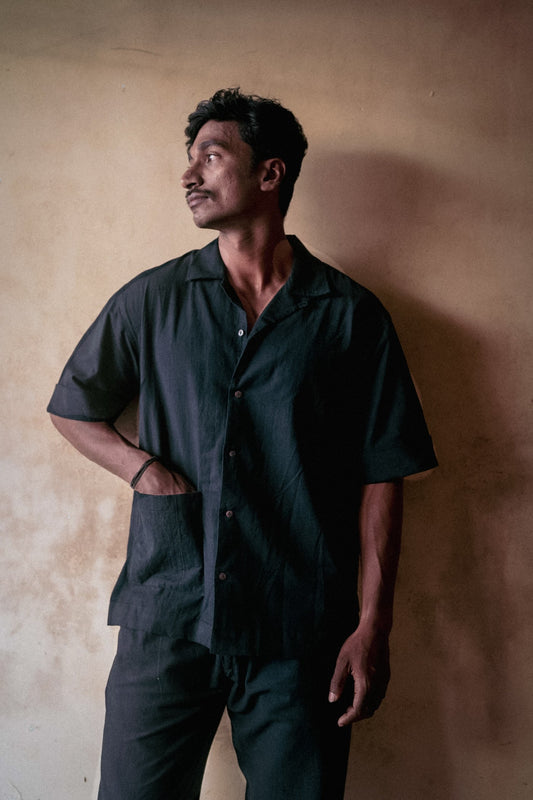 Black Casual Shirt by Deeta Clothing with Black, Casual Wear, Handwoven Cotton, Menswear, Natural with azo dyes, Relaxed Fit, Shibui AW22, Shirt, Shirts, Solids, Tops at Kamakhyaa for sustainable fashion