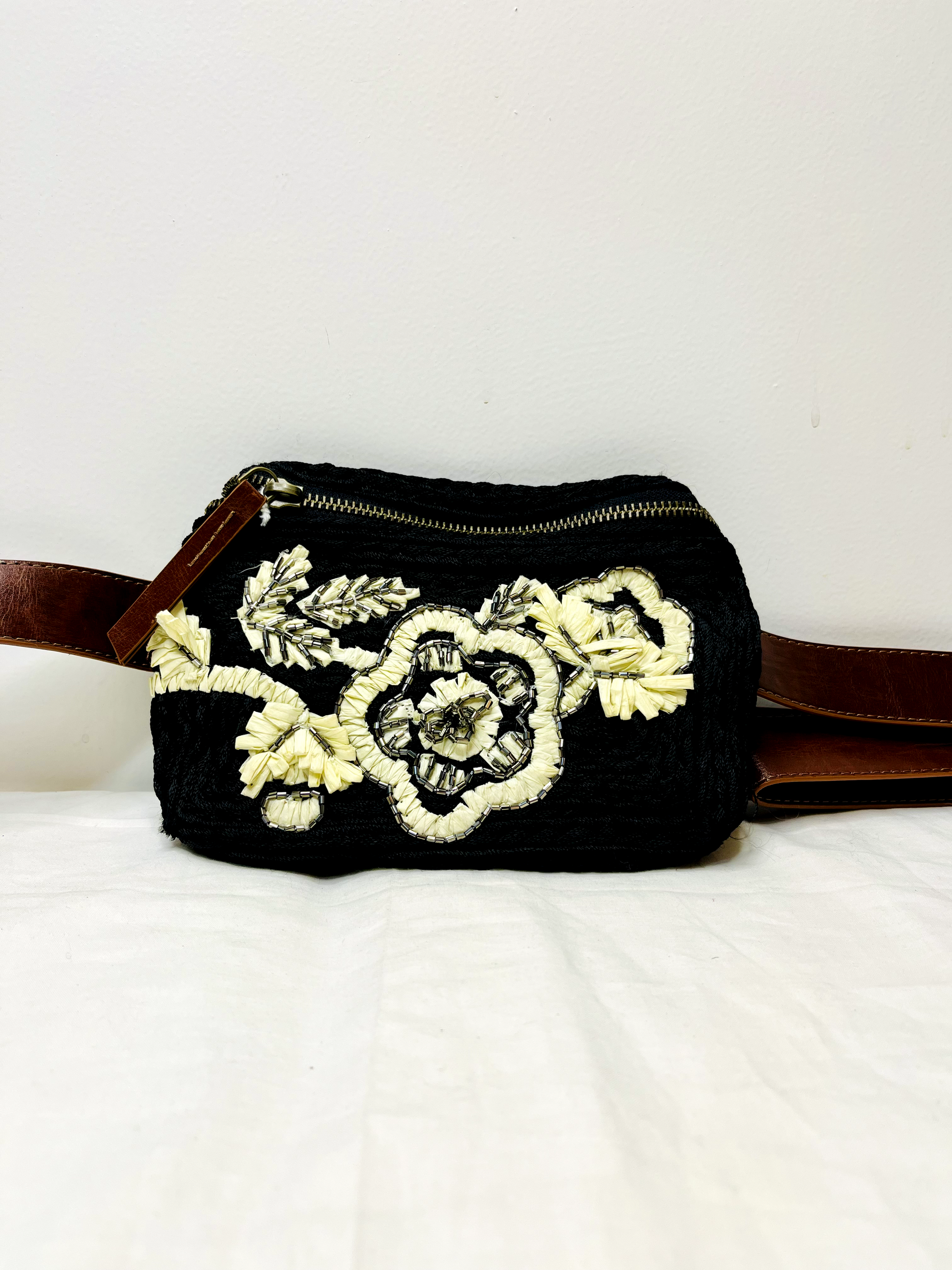 Black Belted Bag by Discarded Fresh Bags with Beads, Belt Bags, Black, Casual Wear, Made from Natural Materials, Thread work, Women Led Designer at Kamakhyaa for sustainable fashion