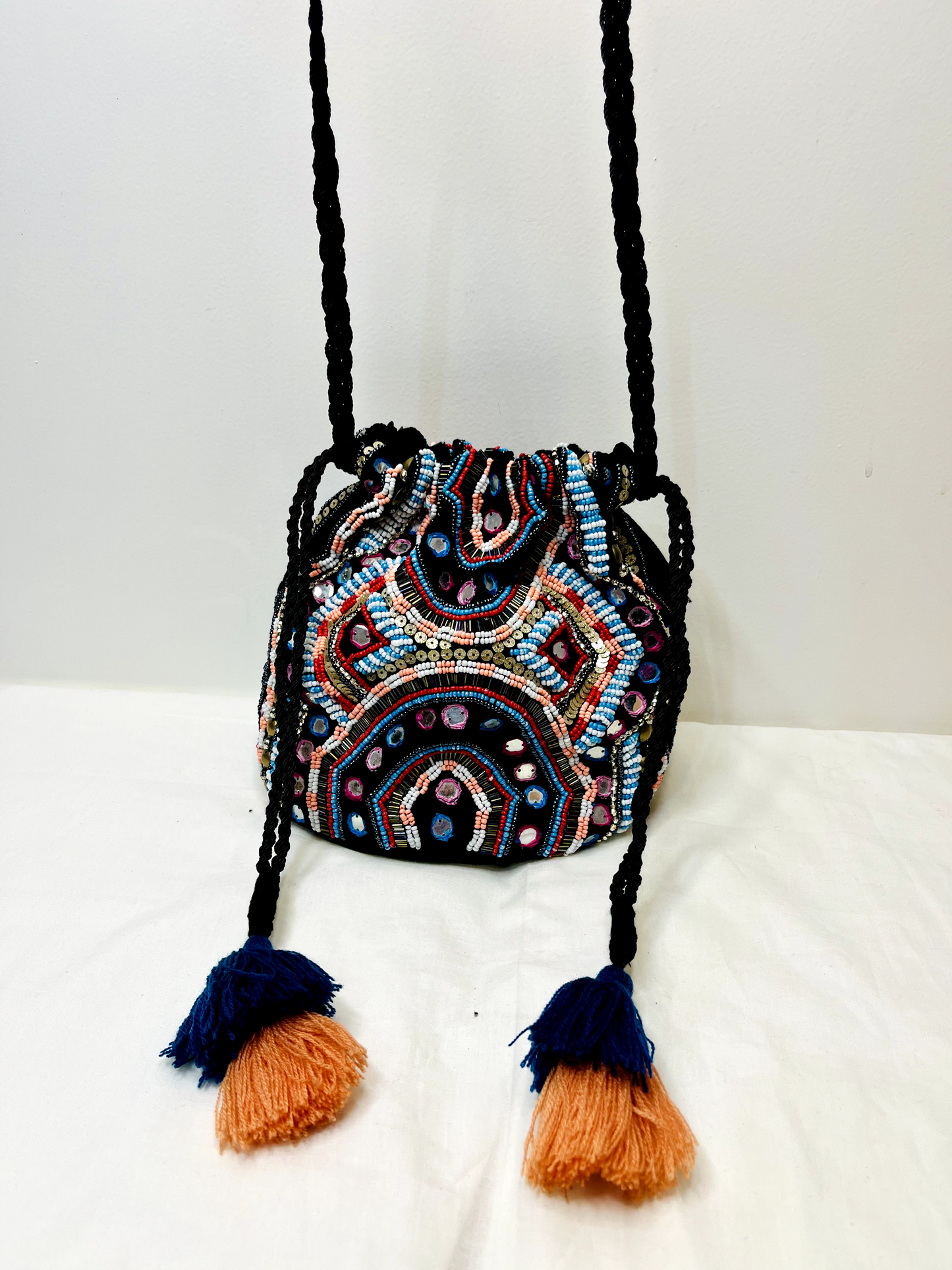 Black Mirror Potli Bag by Discarded Fresh Bags with Beads, Casual Wear, For Mother, Made from Natural Materials, Mirror Work, Multicolor, Potli Bags, Upcycled Cotton, Velvet, Women Led Designer at Kamakhyaa for sustainable fashion