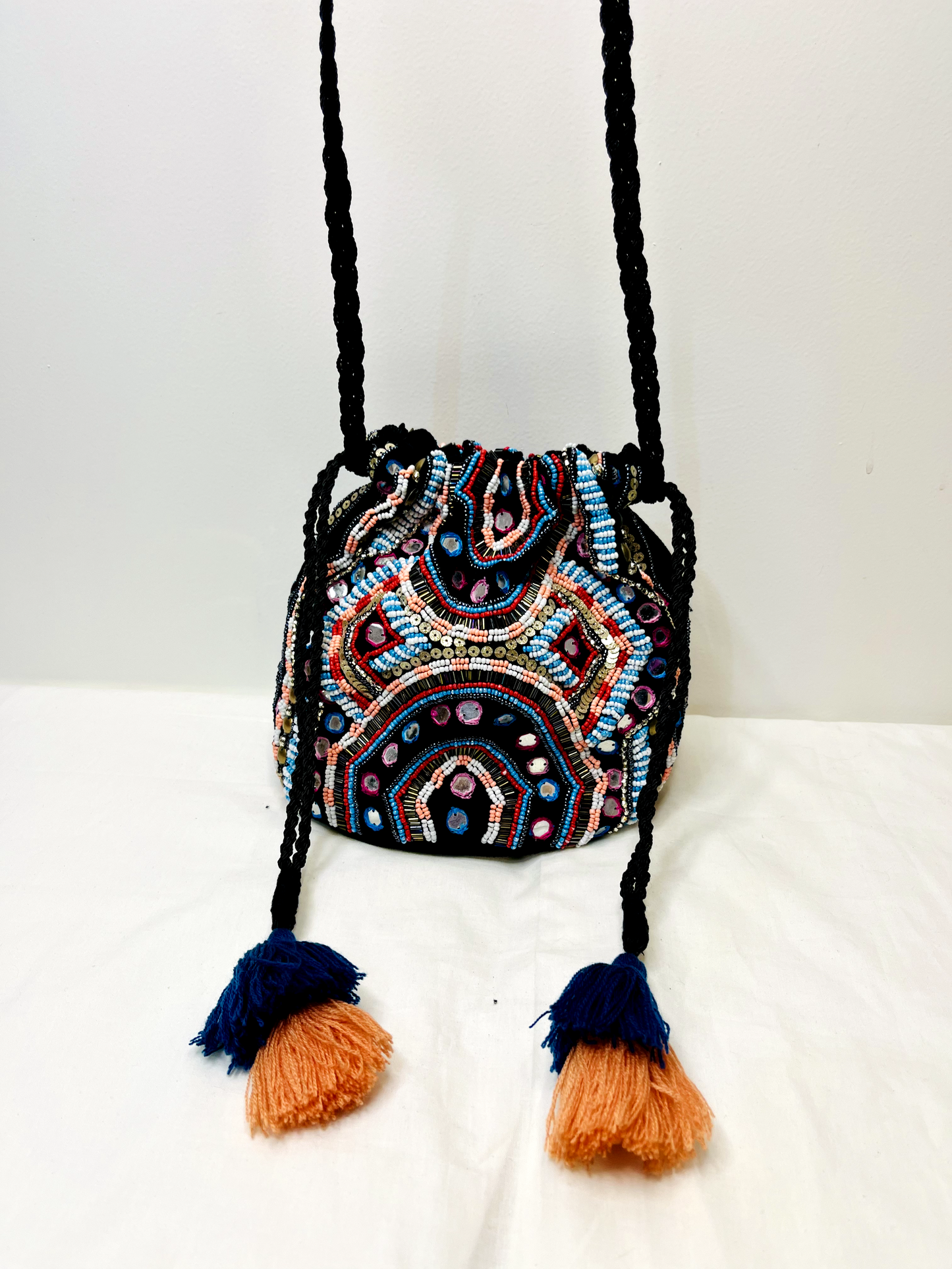 Black Mirror Potli Bag by Discarded Fresh Bags with Beads, Casual Wear, For Mother, Made from Natural Materials, Mirror Work, Multicolor, Potli Bags, Upcycled Cotton, Velvet, Women Led Designer at Kamakhyaa for sustainable fashion