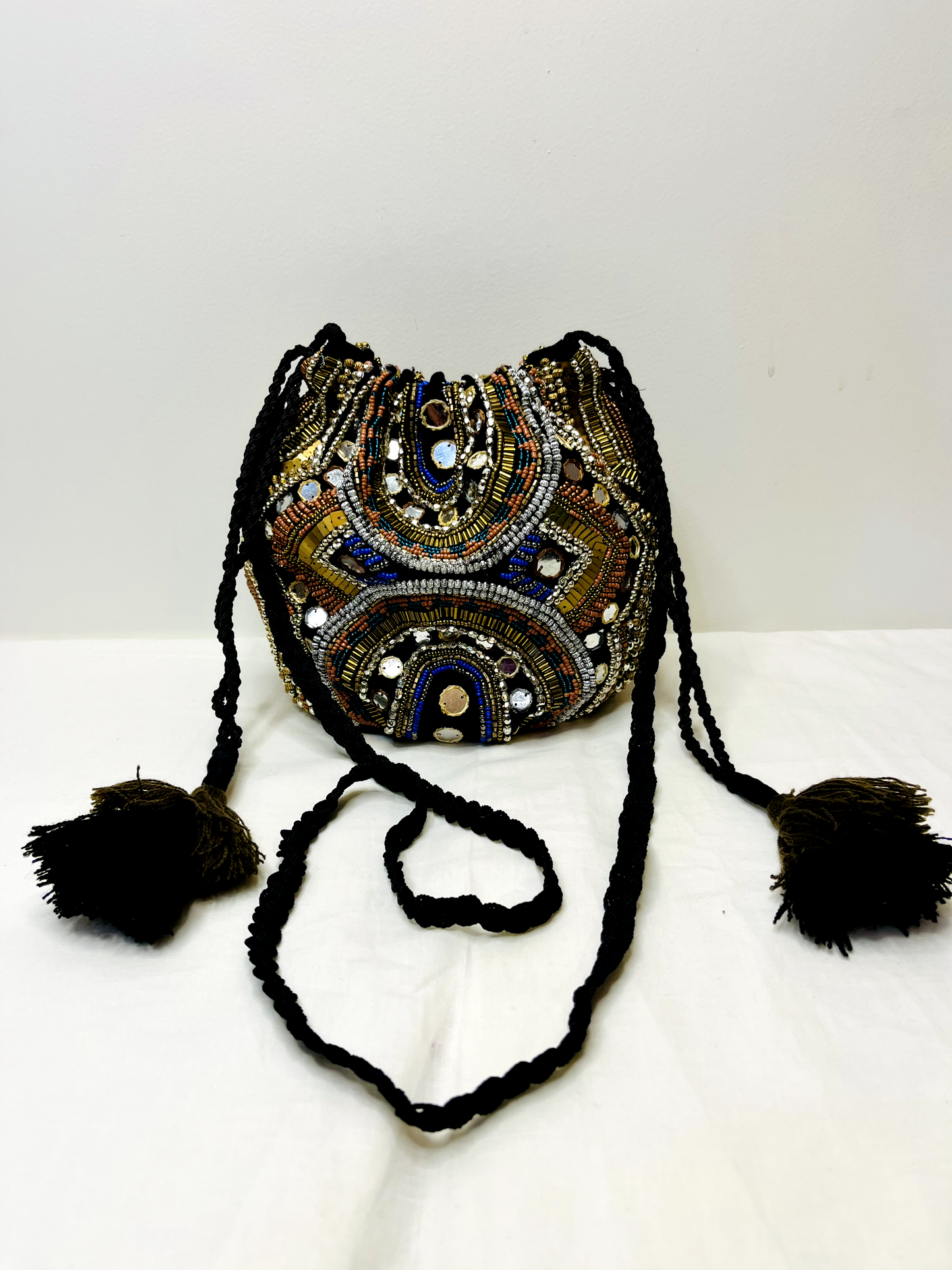 Black Multicolor Beaded Mirror Potli Bag by Discarded Fresh Bags with Beads, Casual Wear, For Mother, Made from Natural Materials, Mirror Work, Multicolor, Potli Bags, Upcycled Cotton, Women Led Designer at Kamakhyaa for sustainable fashion