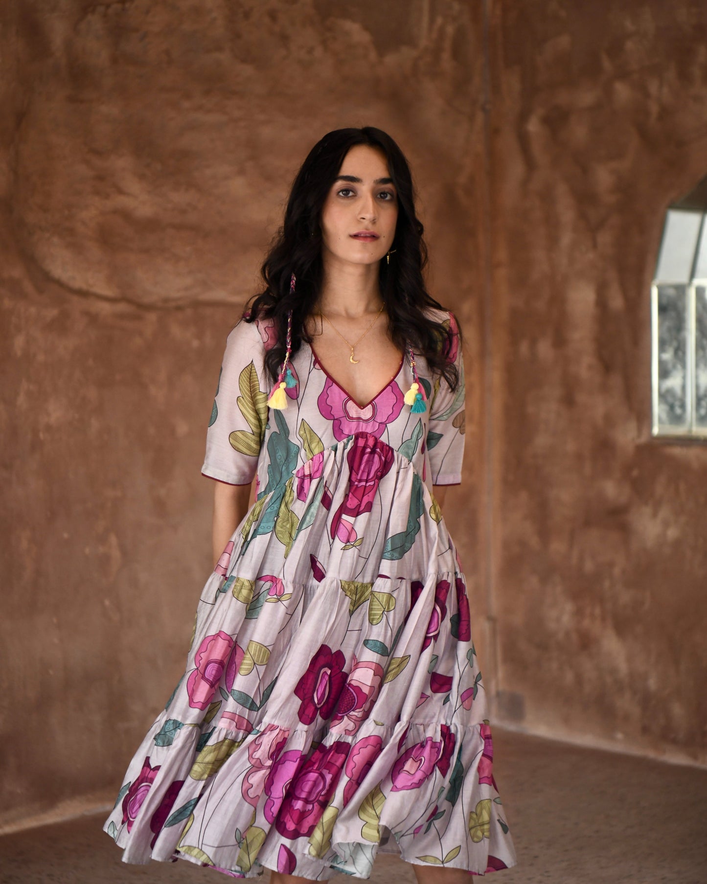 Grey Printed Tiered Dress by Taro with Azo Free Dyes, Casual Wear, Chanderi Silk, Garden of Dreams by Taro, Garden of Dreams by The Loom Art, Grey, July Sale, July Sale 2023, Midi Dresses, Prints, Relaxed Fit, Tiered Dresses, Womenswear at Kamakhyaa for sustainable fashion