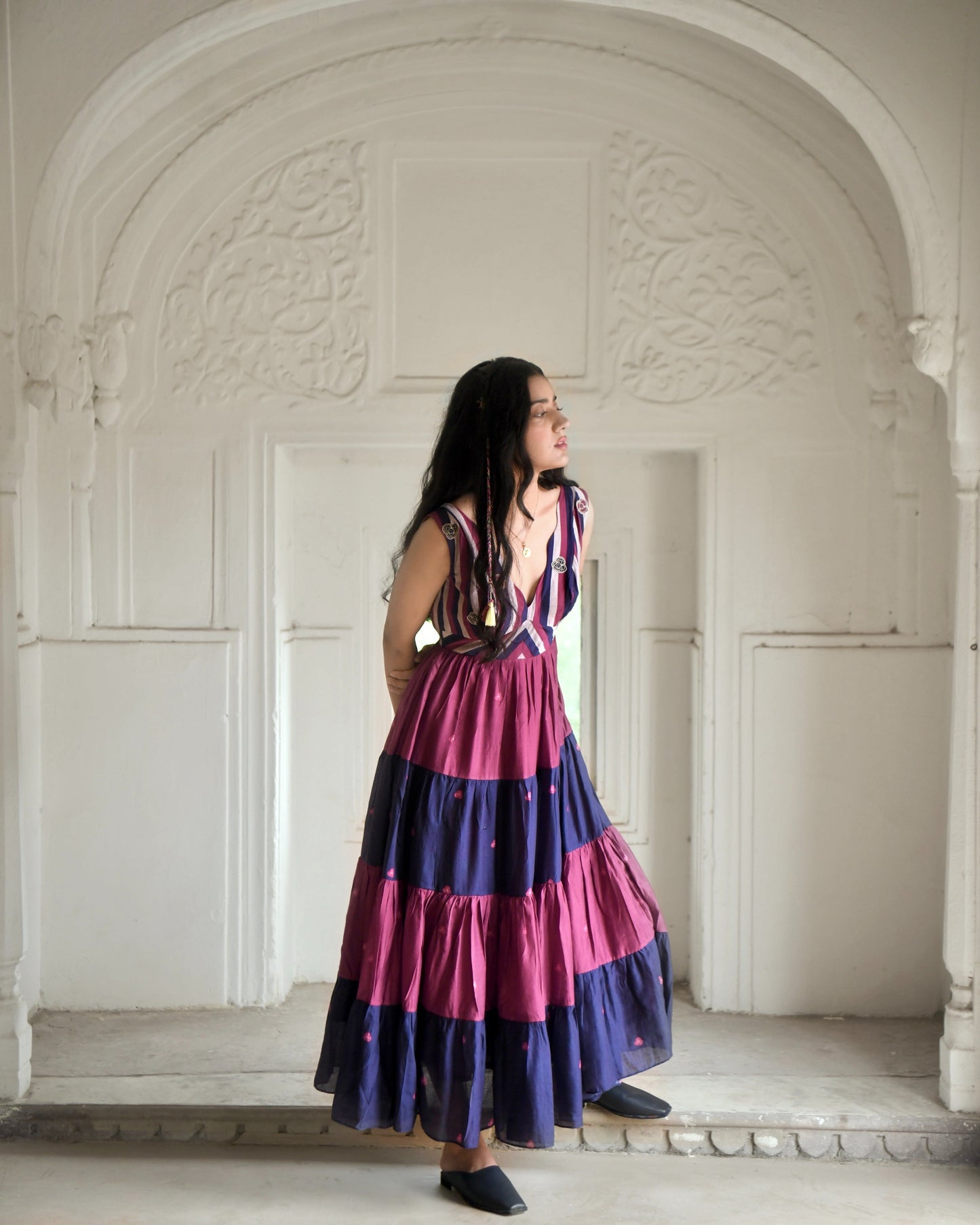 Multicolor Embroidered Tiered Dress by Taro with Azo Free Dyes, Best Selling, Chanderi Silk, Embroidered, FB ADS JUNE, Fitted At Waist, Garden of Dreams by Taro, Garden of Dreams by The Loom Art, July Sale, July Sale 2023, Maxi Dresses, Multicolor, Resort Wear, Sleeveless Dresses, Tiered Dresses, Womenswear at Kamakhyaa for sustainable fashion