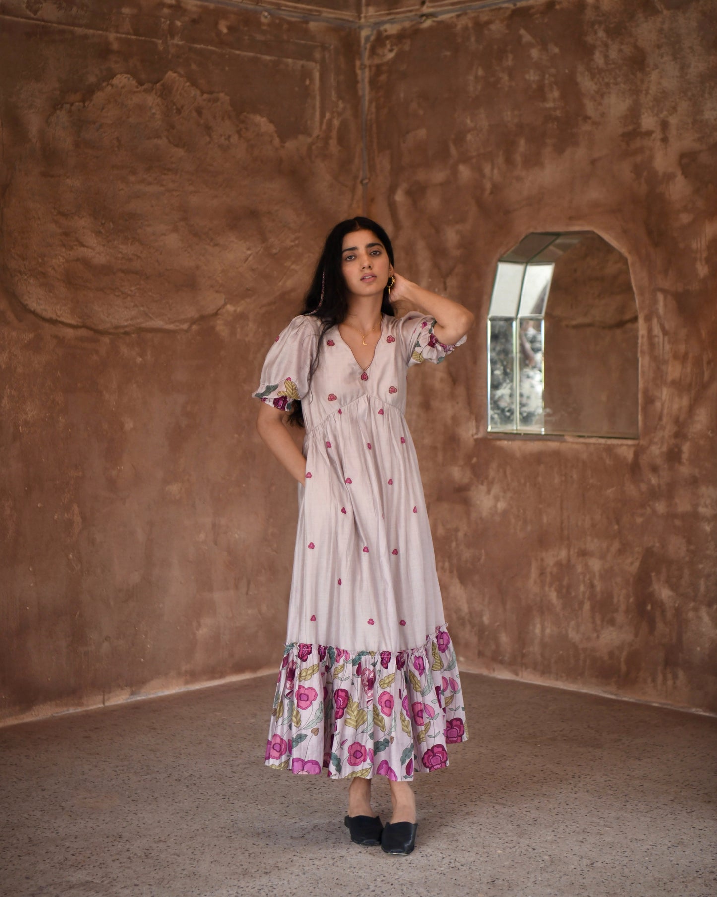 Grey Chanderi Silk Midi Dress by Taro with Azo Free Dyes, Beads, Beads work, Casual Wear, Chanderi Silk, Embroidered, Fitted At Bust, Garden of Dreams by Taro, Garden of Dreams by The Loom Art, Grey, July Sale, July Sale 2023, Kurtas, Midi Dresses, Prints, Tiered Dresses, Womenswear at Kamakhyaa for sustainable fashion
