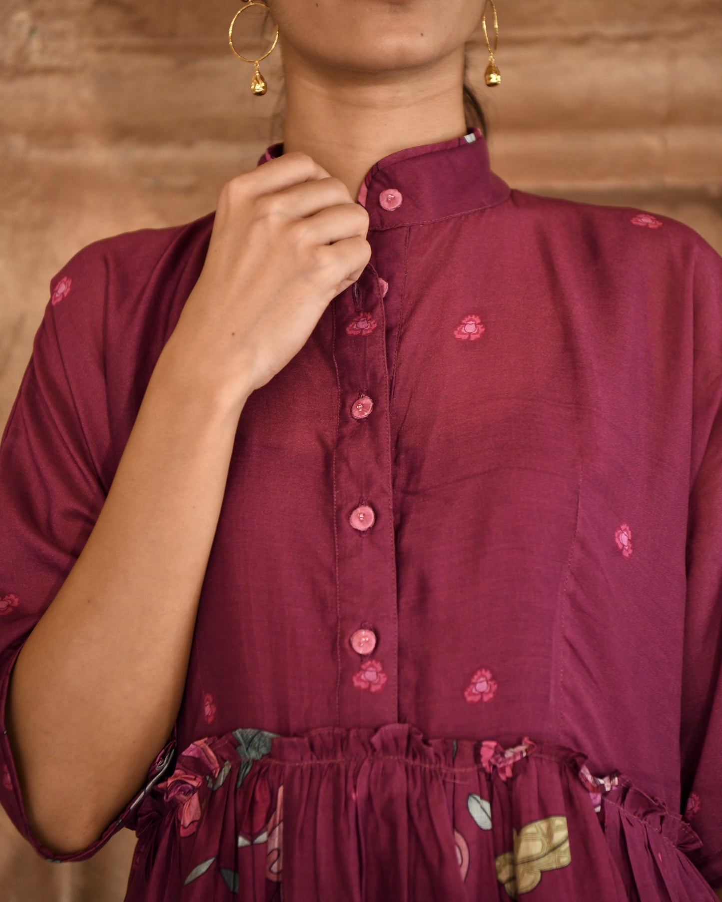 Red Printed Shirt Dress by Taro with Azo Free Dyes, Chanderi Silk, For Anniversary, Garden of Dreams by Taro, Garden of Dreams by The Loom Art, July Sale, July Sale 2023, Office Wear, Prints, Red, Relaxed Fit, Shirt Dresses, Womenswear at Kamakhyaa for sustainable fashion