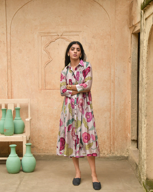 Grey Printed Shirt Dress by Taro with Azo Free Dyes, Best Selling, Casual Wear, Chanderi Silk, FB ADS JUNE, Garden of Dreams by Taro, Garden of Dreams by The Loom Art, Grey, July Sale, July Sale 2023, Prints, Regular Fit, Shirt Dresses, Womenswear at Kamakhyaa for sustainable fashion