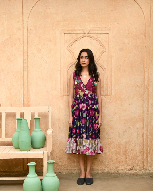 Multicolor Tiered Dress by Taro with Azo Free Dyes, Best Selling, Casual Wear, Chanderi Silk, FB ADS JUNE, Garden of Dreams by Taro, Garden of Dreams by The Loom Art, July Sale, July Sale 2023, Midi Dresses, Multicolor, Prints, Regular Fit, Sleeveless Dresses, Tiered Dresses, Womenswear at Kamakhyaa for sustainable fashion