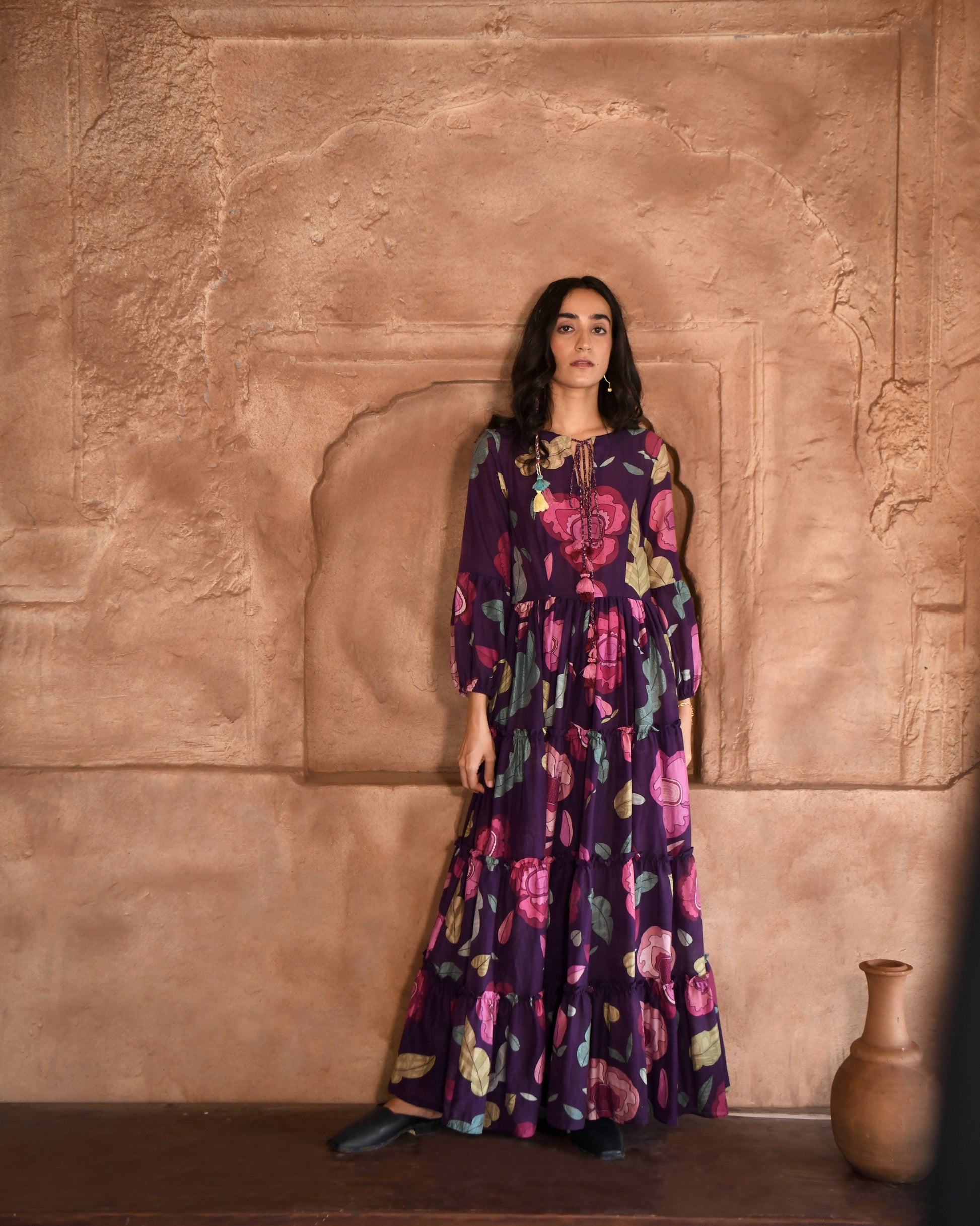 Purple Printed Maxi Dress by Taro with Azo Free Dyes, Chanderi Silk, Fusion Wear, Garden of Dreams by Taro, Garden of Dreams by The Loom Art, July Sale, July Sale 2023, Maxi Dresses, Prints, Purple, Relaxed Fit, Tiered Dresses, Womenswear at Kamakhyaa for sustainable fashion
