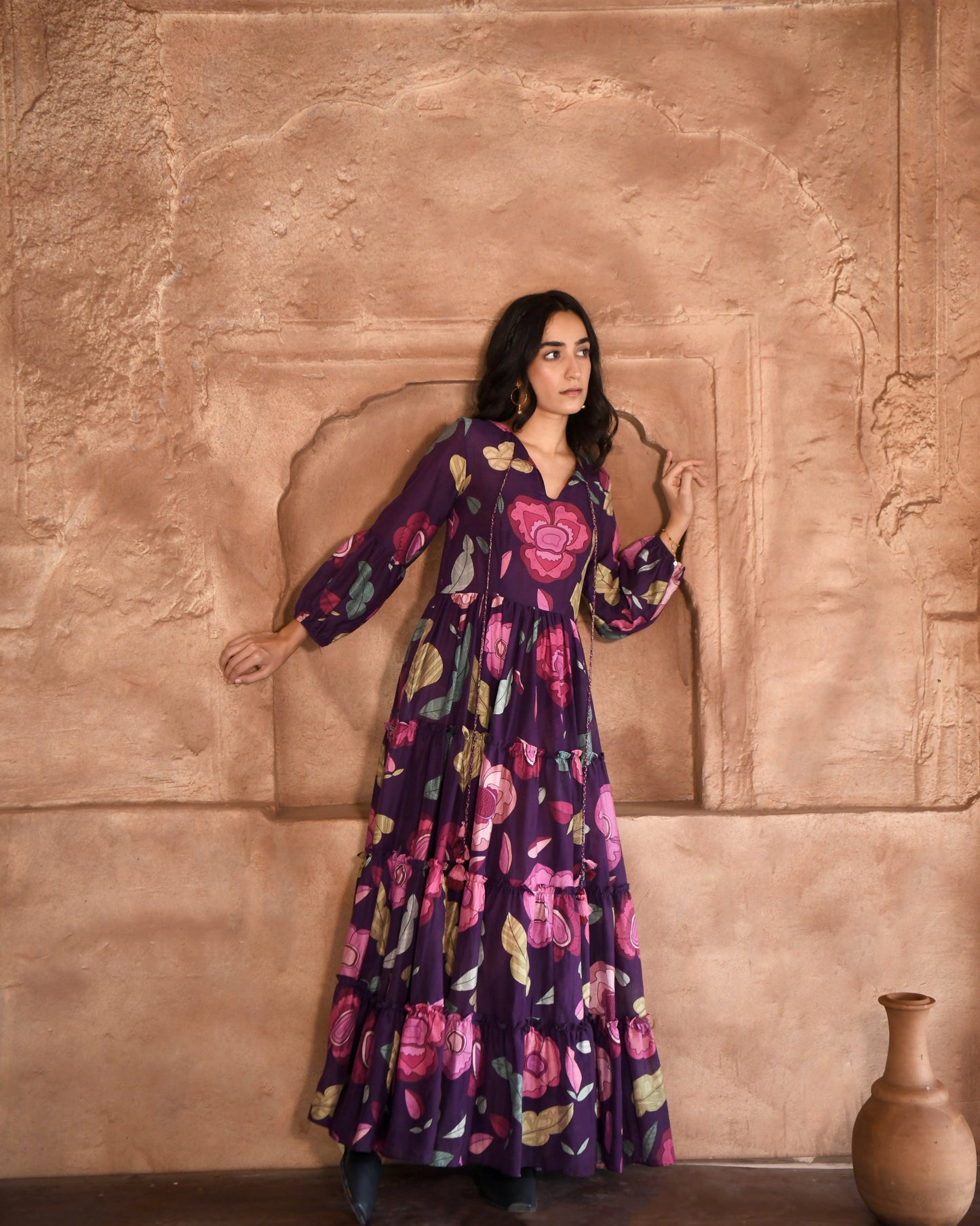 Purple Printed Maxi Dress by Taro with Azo Free Dyes, Chanderi Silk, Fusion Wear, Garden of Dreams by Taro, Garden of Dreams by The Loom Art, July Sale, July Sale 2023, Maxi Dresses, Prints, Purple, Relaxed Fit, Tiered Dresses, Womenswear at Kamakhyaa for sustainable fashion