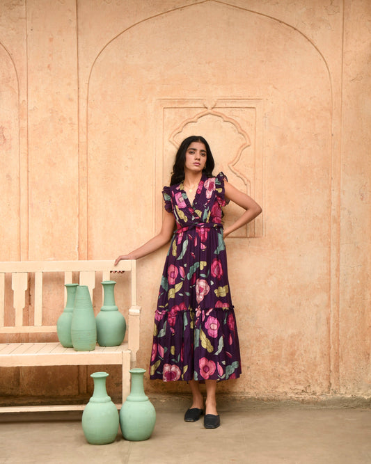 Purple Printed Midi Dress by Taro with Azo Free Dyes, Best Selling, Casual Wear, Chanderi Silk, FB ADS JUNE, Garden of Dreams by Taro, Garden of Dreams by The Loom Art, July Sale, July Sale 2023, Midi Dresses, Prints, Purple, Sleeveless Dresses, Womenswear at Kamakhyaa for sustainable fashion