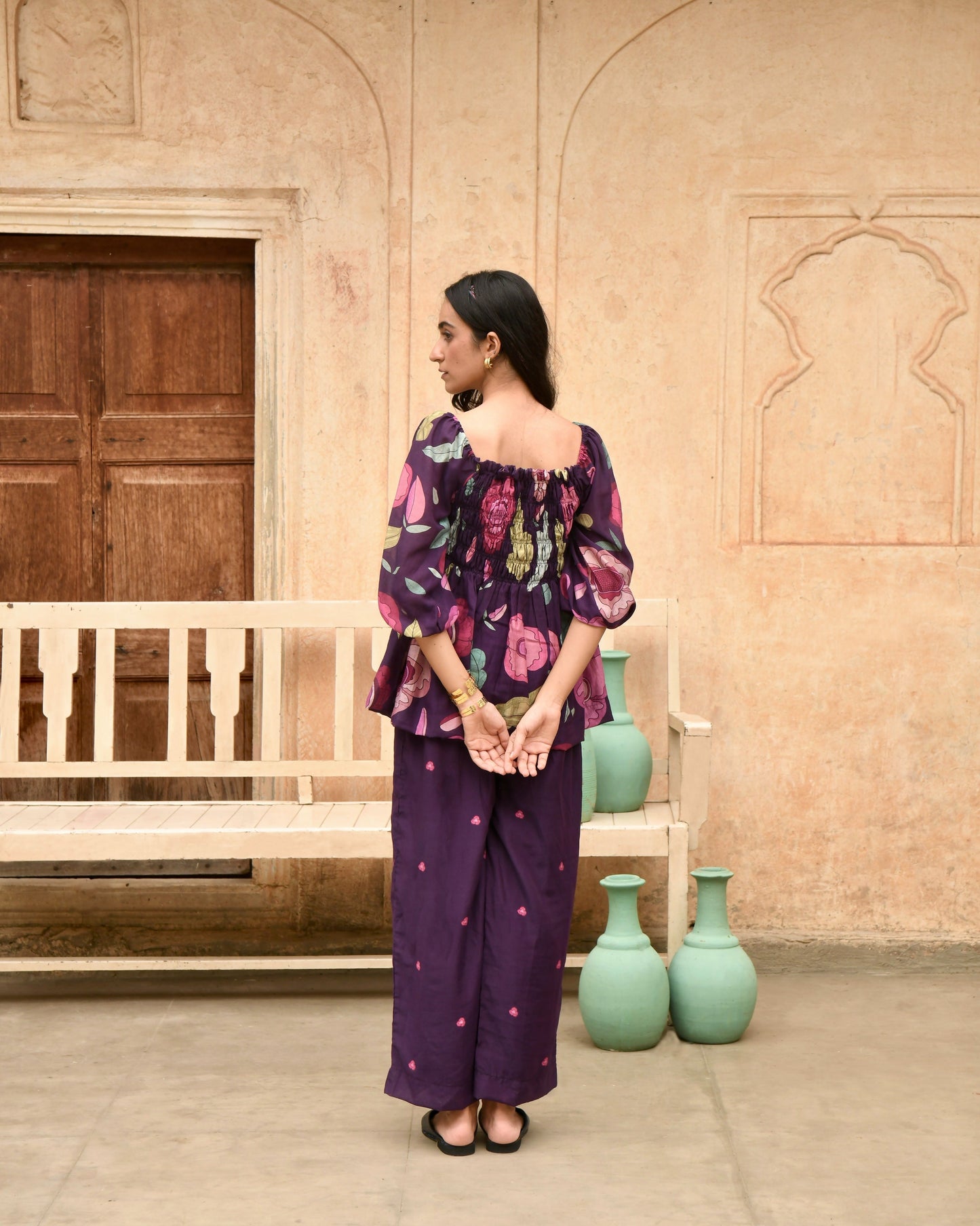 Purple Peplum Top by Taro with Azo Free Dyes, Best Selling, Casual Wear, Chanderi Silk, Garden of Dreams by Taro, Garden of Dreams by The Loom Art, July Sale, July Sale 2023, Peplum Tops, Prints, Purple, Womenswear at Kamakhyaa for sustainable fashion