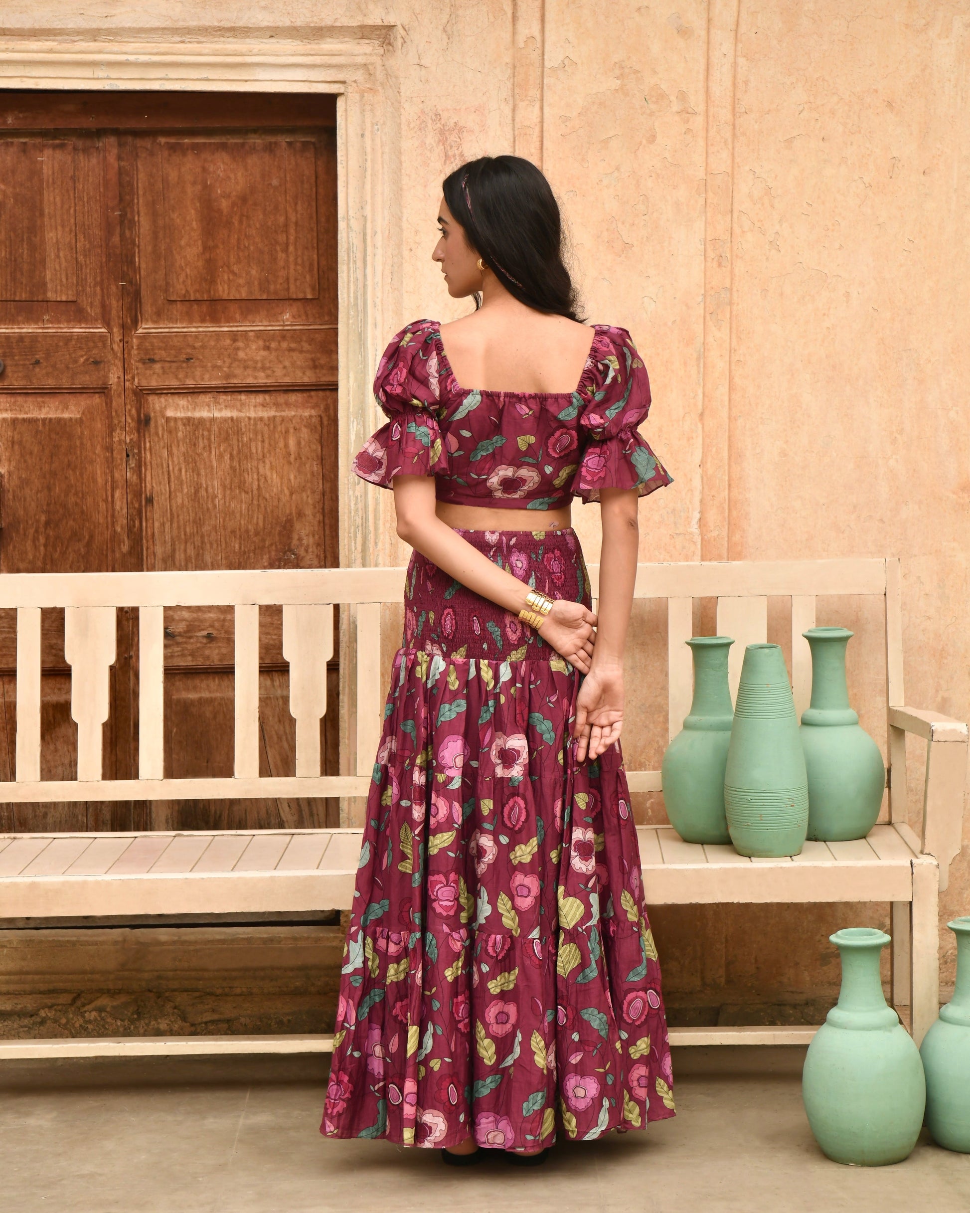 Red Chanderi Silk Skirt by Taro with Azo Free Dyes, Casual Wear, Chanderi Silk, Garden of Dreams by Taro, Garden of Dreams by The Loom Art, July Sale, July Sale 2023, Maxi Skirts, Prints, Purple, Regular Fit, Skirts, Womenswear at Kamakhyaa for sustainable fashion