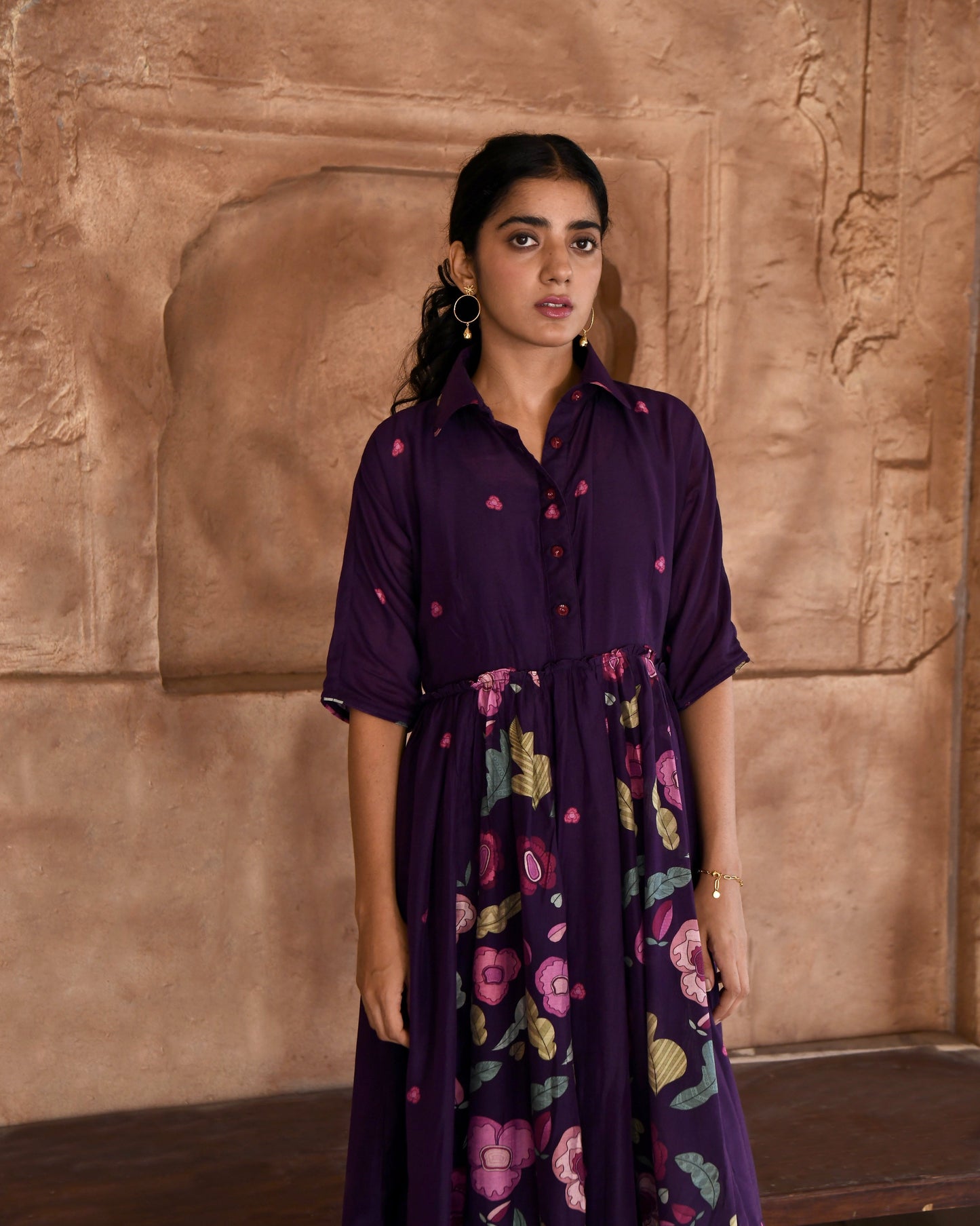 Purple Chanderi Silk Shirt Dress by Taro with Azo Free Dyes, Chanderi Silk, Garden of Dreams by Taro, Garden of Dreams by The Loom Art, July Sale, July Sale 2023, Office Wear, Prints, Purple, Relaxed Fit, Shirt Dresses, Womenswear at Kamakhyaa for sustainable fashion