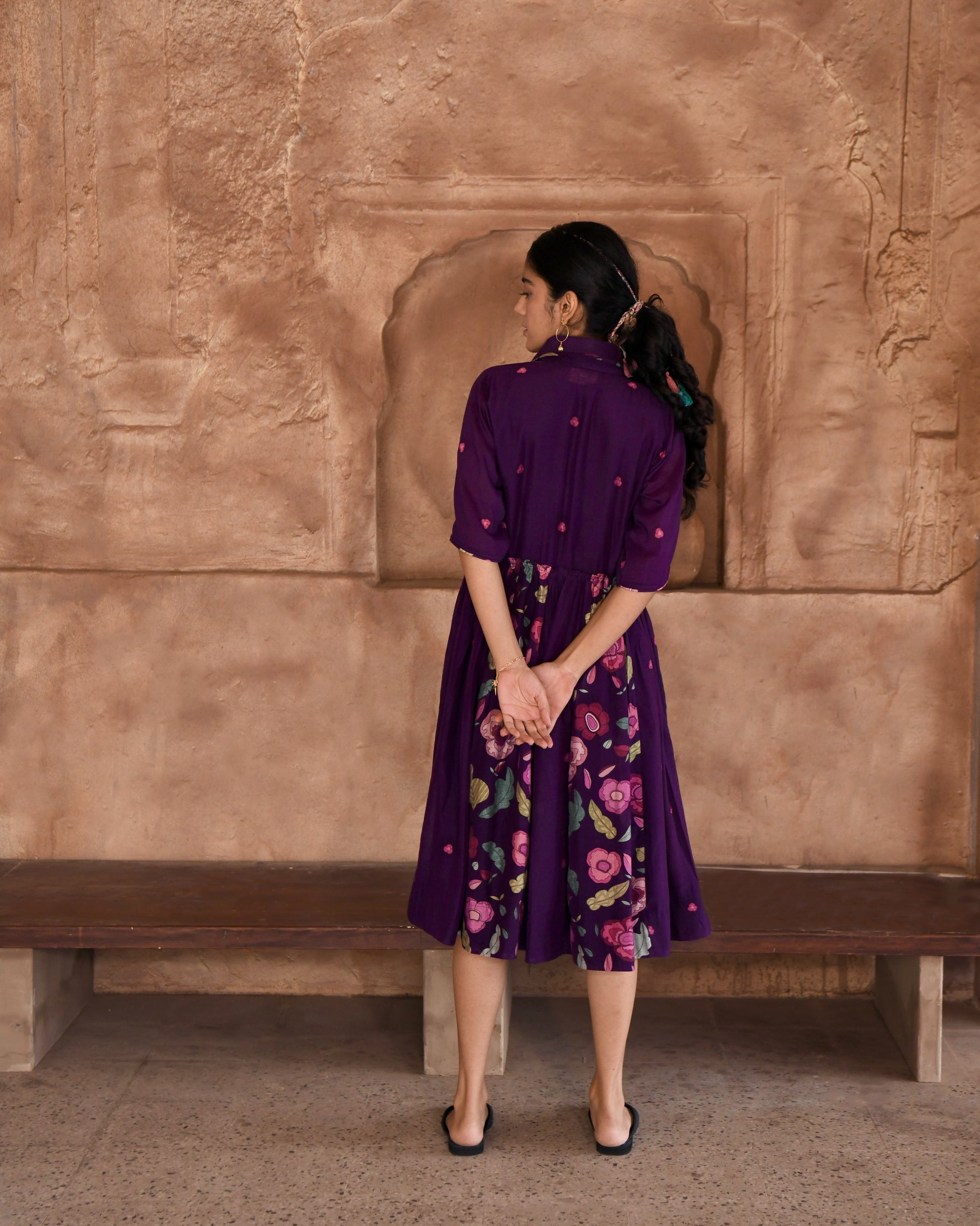 Purple Chanderi Silk Shirt Dress by Taro with Azo Free Dyes, Chanderi Silk, Garden of Dreams by Taro, Garden of Dreams by The Loom Art, July Sale, July Sale 2023, Office Wear, Prints, Purple, Relaxed Fit, Shirt Dresses, Womenswear at Kamakhyaa for sustainable fashion