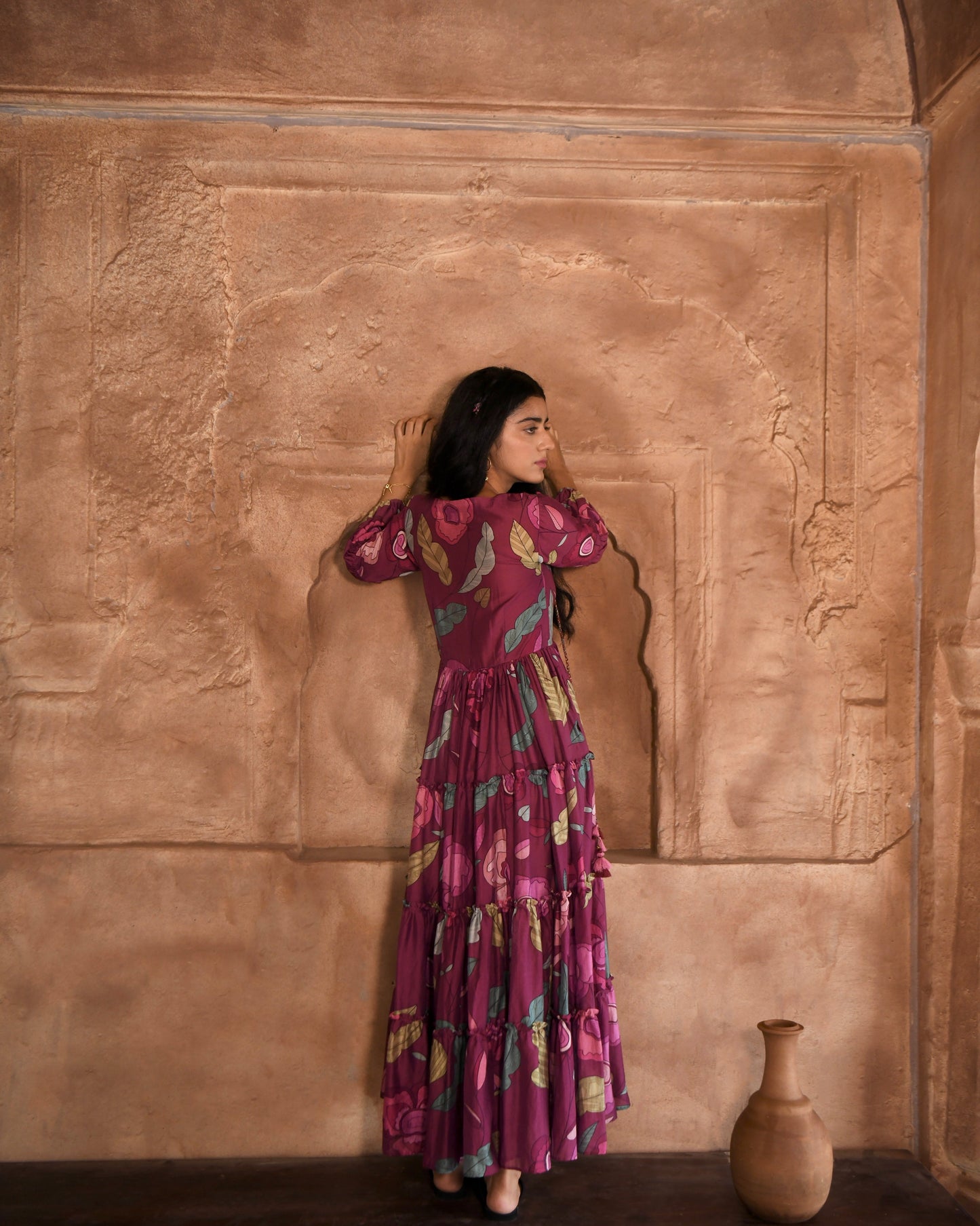 Red Maxi Dress by Taro with Azo Free Dyes, Best Selling, Chanderi Silk, FB ADS JUNE, Floral, Fusion Wear, Garden of Dreams by Taro, Garden of Dreams by The Loom Art, July Sale, July Sale 2023, Maxi Dresses, Prints, Purple, Relaxed Fit, Tiered Dresses, Womenswear at Kamakhyaa for sustainable fashion