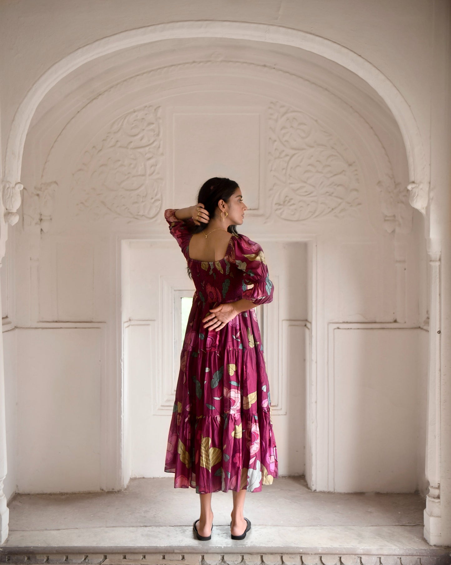 Red Tiered Dress by Taro with Azo Free Dyes, Chanderi Silk, Festive Wear, Fitted At Bust, Floral, Garden of Dreams by Taro, Garden of Dreams by The Loom Art, July Sale, July Sale 2023, Maxi Dresses, Prints, Purple, Tiered Dresses, Womenswear at Kamakhyaa for sustainable fashion