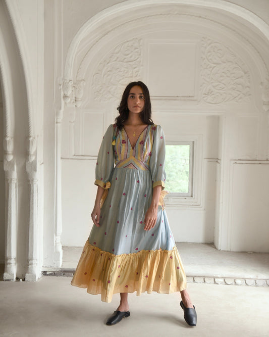 Blue Maxi Dress by Taro with Azo Free Dyes, Blue, Casual Wear, Chanderi Silk, Fitted At Waist, Garden of Dreams by Taro, Garden of Dreams by The Loom Art, July Sale, July Sale 2023, Maxi Dresses, Prints, Tiered Dresses, Womenswear at Kamakhyaa for sustainable fashion