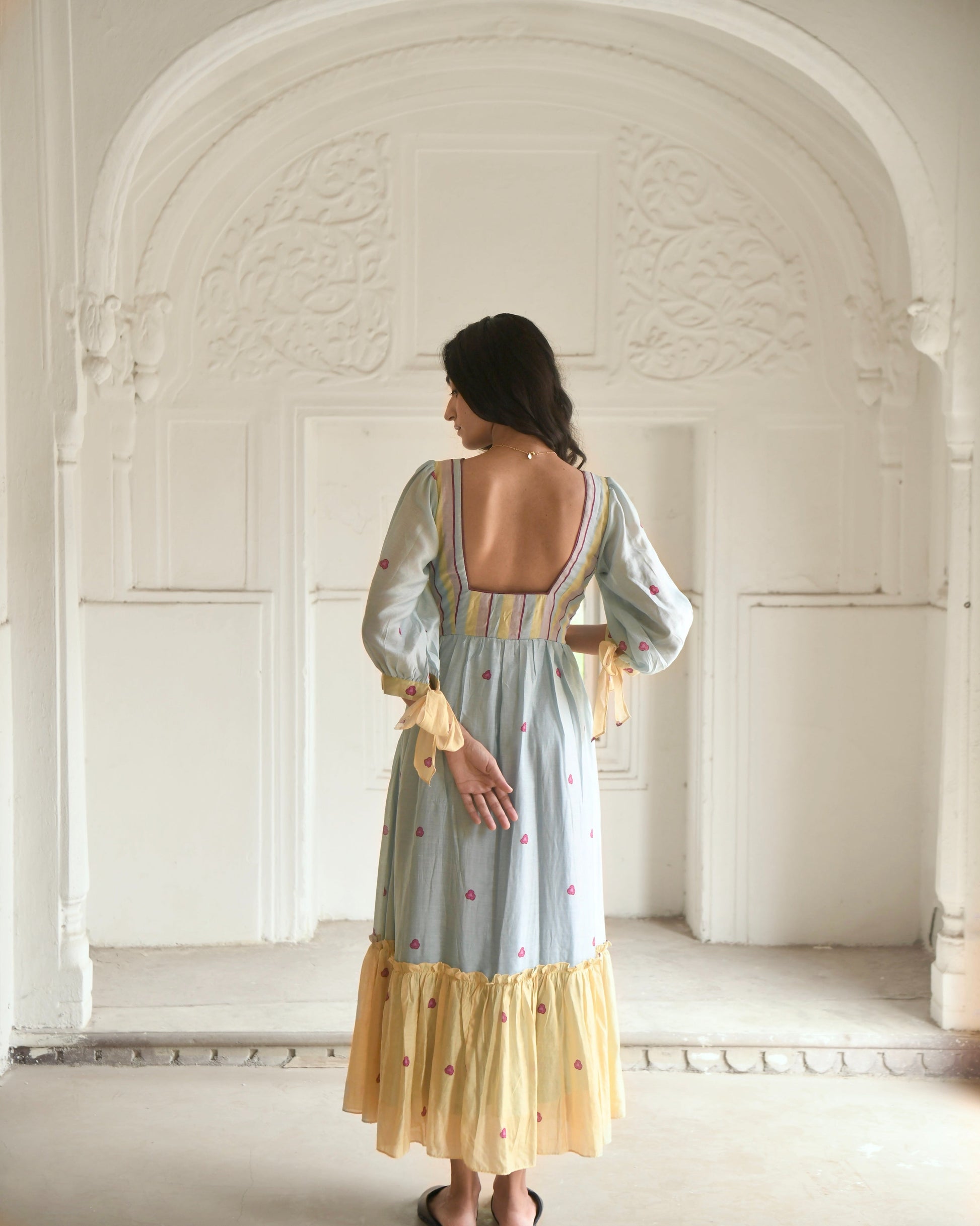 Blue Maxi Dress by Taro with Azo Free Dyes, Blue, Casual Wear, Chanderi Silk, Fitted At Waist, Garden of Dreams by Taro, Garden of Dreams by The Loom Art, July Sale, July Sale 2023, Maxi Dresses, Prints, Tiered Dresses, Womenswear at Kamakhyaa for sustainable fashion