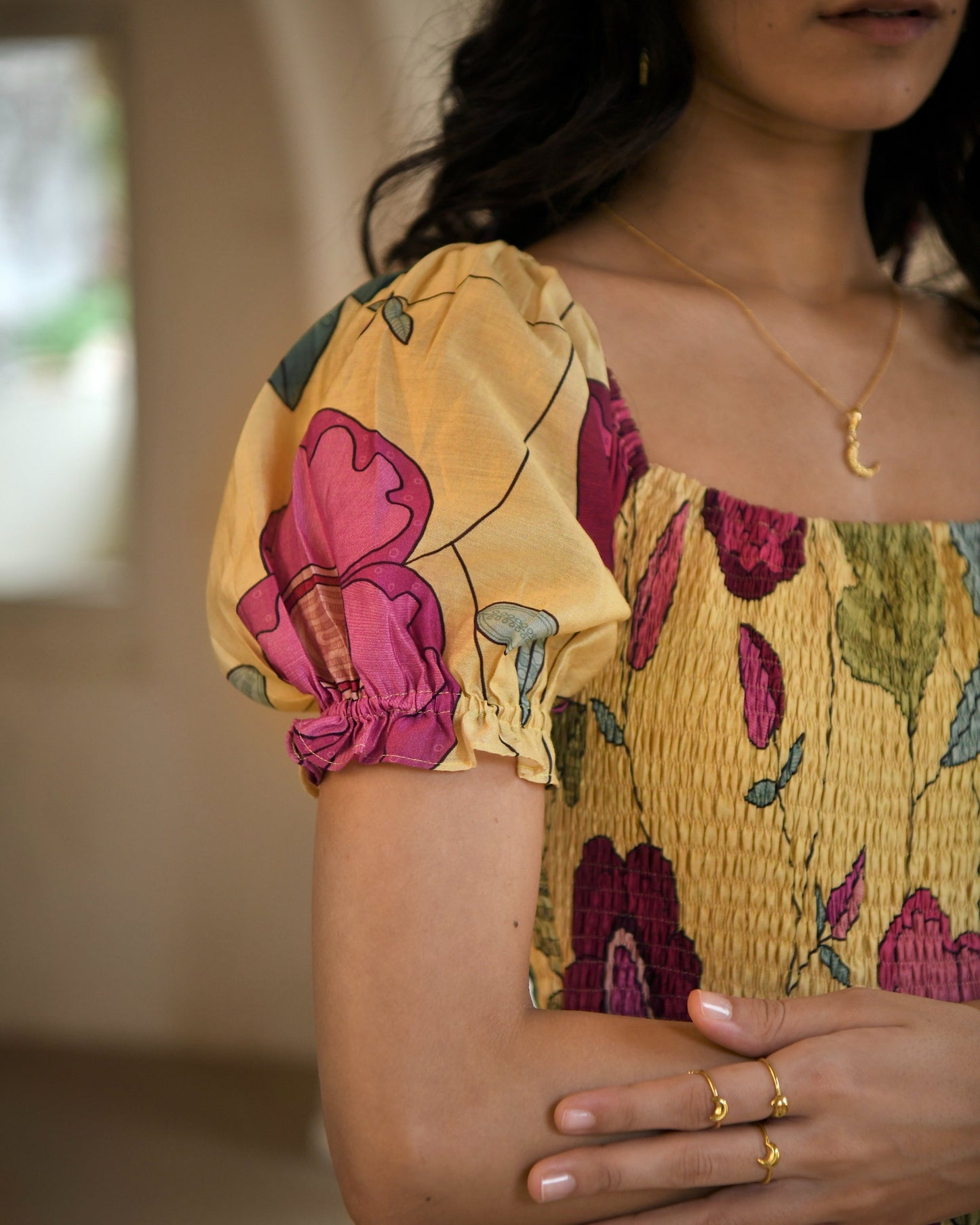 Yellow Printed Maxi Dress by Taro with Azo Free Dyes, Best Selling, Chanderi Silk, FB ADS JUNE, Festive Wear, Garden of Dreams by Taro, Garden of Dreams by The Loom Art, July Sale, July Sale 2023, Maxi Dresses, Prints, Tiered Dresses, Womenswear, Yellow at Kamakhyaa for sustainable fashion