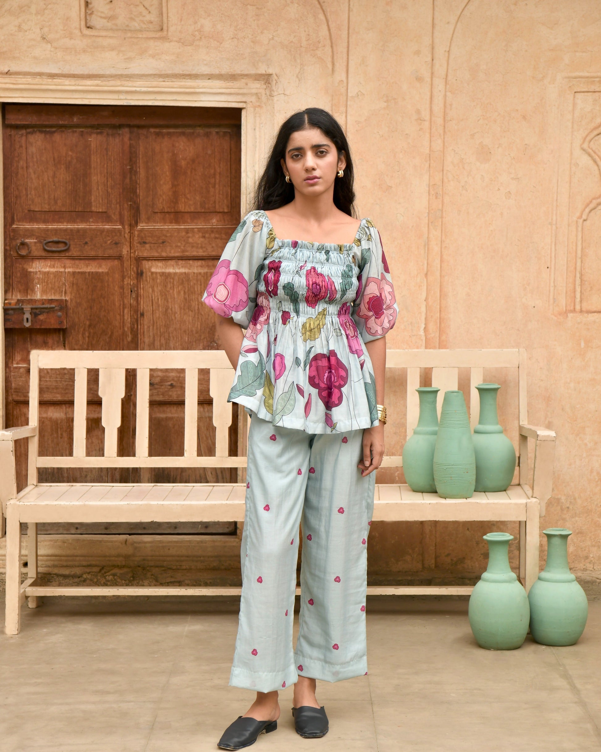 Blue Peplum Top by Taro with Azo Free Dyes, Best Selling, Blue, Casual Wear, Chanderi Silk, Crop Tops, Garden of Dreams by Taro, Garden of Dreams by The Loom Art, July Sale, July Sale 2023, Peplum Tops, Prints, Womenswear at Kamakhyaa for sustainable fashion