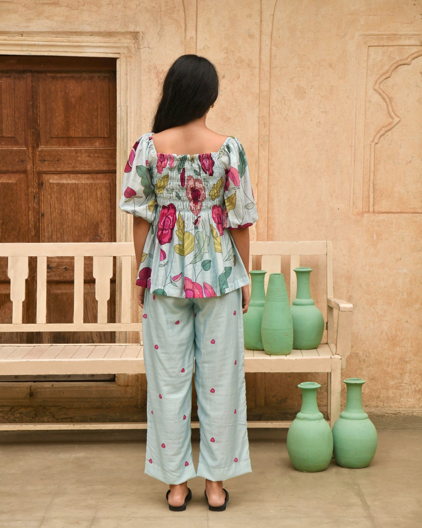 Blue Peplum Top by Taro with Azo Free Dyes, Best Selling, Blue, Casual Wear, Chanderi Silk, Crop Tops, Garden of Dreams by Taro, Garden of Dreams by The Loom Art, July Sale, July Sale 2023, Peplum Tops, Prints, Womenswear at Kamakhyaa for sustainable fashion