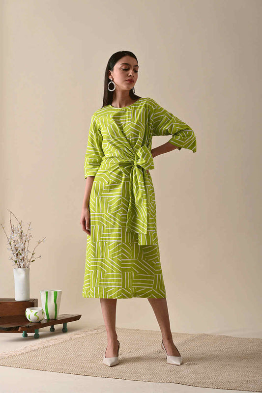 Olive Midi Dress by Kanelle with Casual Wear, Dresses, For Her, July Sale, Life in Colour by Kanelle, Midi Dresses, Natural with azo dyes, Olive Green, Organic Cotton, Prints, Regular Fit, Womenswear, Wrap Dresses at Kamakhyaa for sustainable fashion
