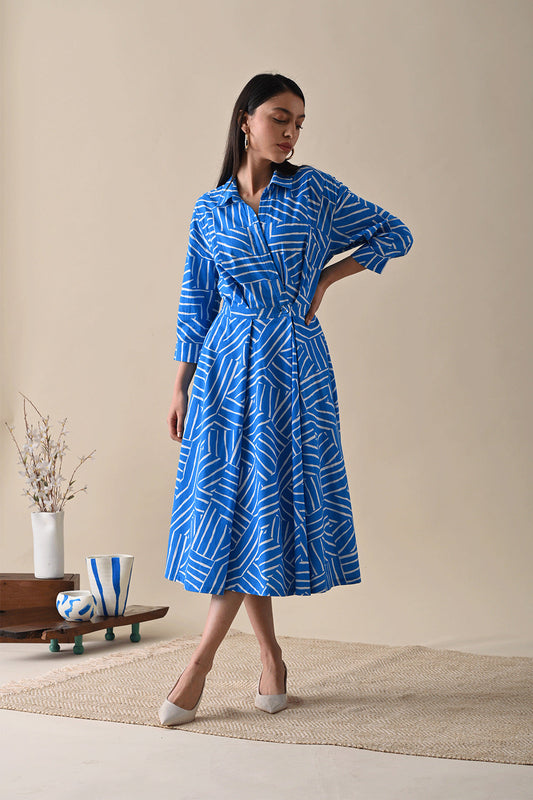 Blue Cotton Midi Dress by Kanelle with 100% Cotton, Best Selling, Blue, Casual Wear, Dresses, FB ADS JUNE, July Sale, Life in Colour by Kanelle, Midi Dresses, Natural with azo dyes, Prints, Relaxed Fit, Shirt Dresses, Womenswear at Kamakhyaa for sustainable fashion