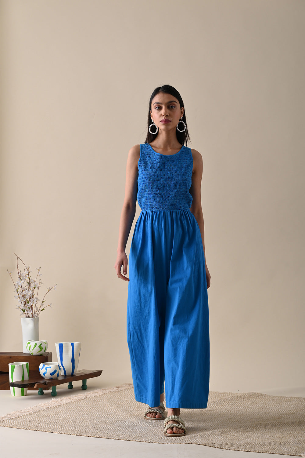 Blue Solid Jumpsuit by Kanelle with Best Selling, Blue, Casual Wear, FB ADS JUNE, July Sale, Jumpsuits, Life in Colour by Kanelle, Natural with azo dyes, Organic Cotton, Printed Selfsame, Regular Fit, Solids, Womenswear at Kamakhyaa for sustainable fashion