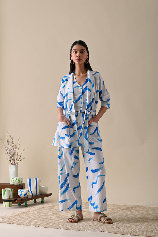 White Printed Co-ord Set by Kanelle with 100% Cotton, Casual Wear, Co-ord Sets, July Sale, Life in Colour by Kanelle, Natural with azo dyes, Office Wear Co-ords, Prints, Relaxed Fit, Vacation, Vacation Co-ords, White, Womenswear at Kamakhyaa for sustainable fashion
