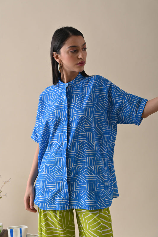 Blue Tunic Top by Kanelle with Blue, Casual Wear, Cotton Hemp, July Sale, Life in Colour by Kanelle, Lines, Natural with azo dyes, Prints, Relaxed Fit, Shirts, Womenswear at Kamakhyaa for sustainable fashion
