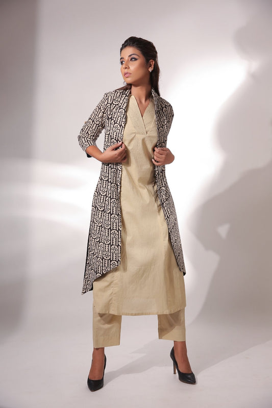 Cotton Kurta Pant Set With Block Printed Cape by Keva with Beige, Black, Block Prints, Cape, Cotton, Indian Wear, Kurta Pant Sets, Natural, Relaxed Fit, Resort Wear, Womenswear, Zima at Kamakhyaa for sustainable fashion