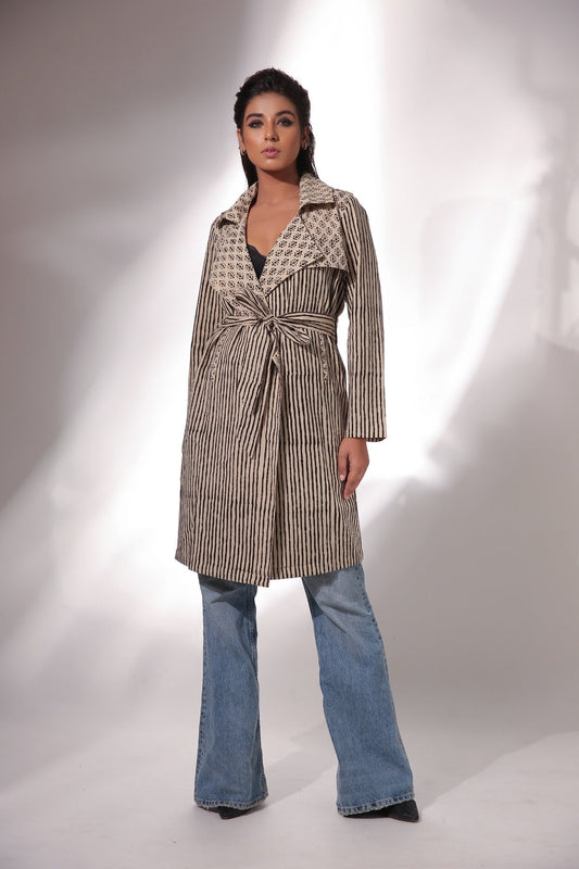 Beige Block Print Trench Coat with Belt by Keva with Beige, Black, Block Prints, Cotton, Natural, Relaxed Fit, Resort Wear, Stripes, Trench Coats, Womenswear, Zima at Kamakhyaa for sustainable fashion