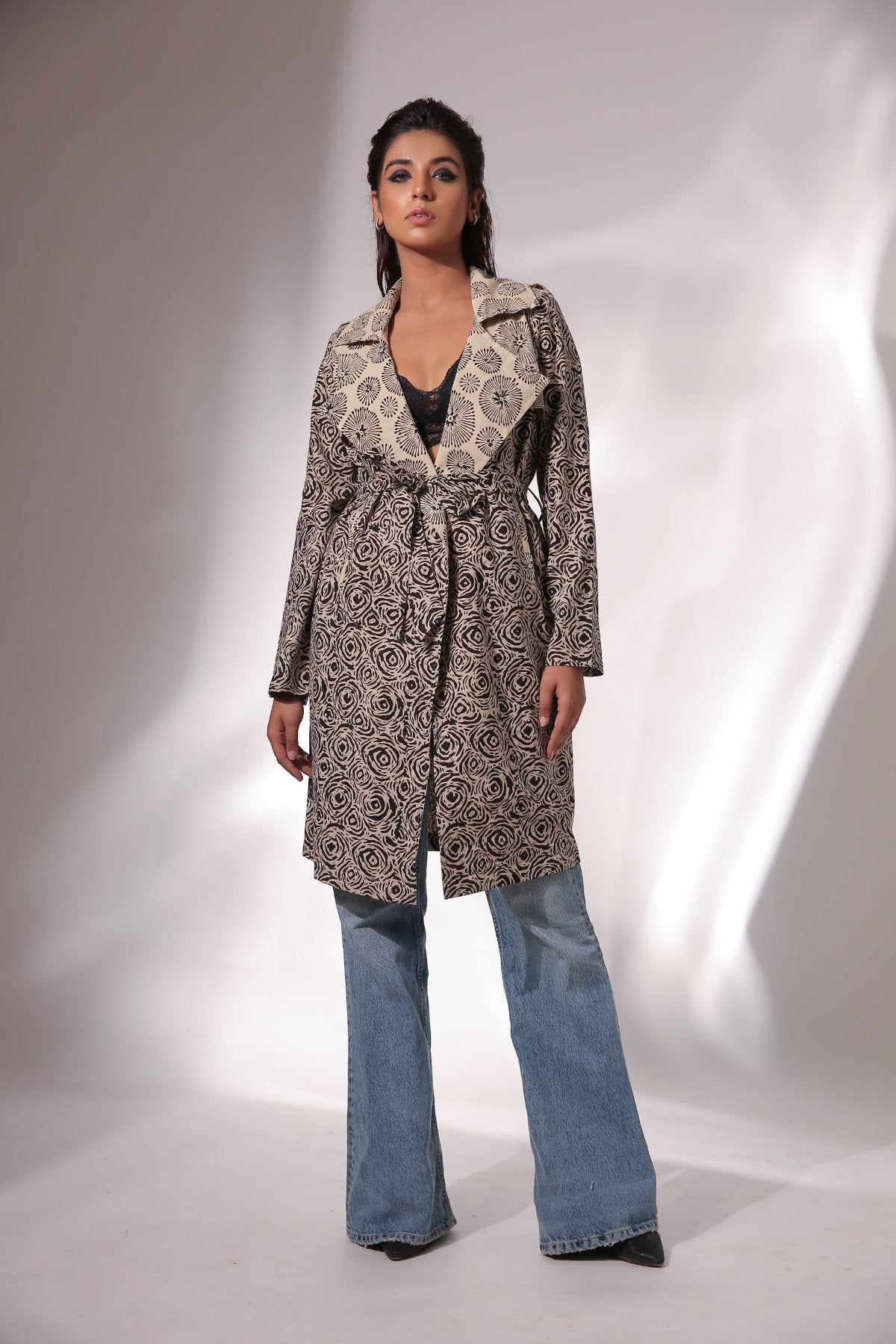 Spiral Hand Block Printed Trench Coat by Keva with Beige, Best Selling, Black, Block Prints, Cotton, Natural, Relaxed Fit, Resort Wear, Spirals, Trench Coats, Womenswear, Zima at Kamakhyaa for sustainable fashion