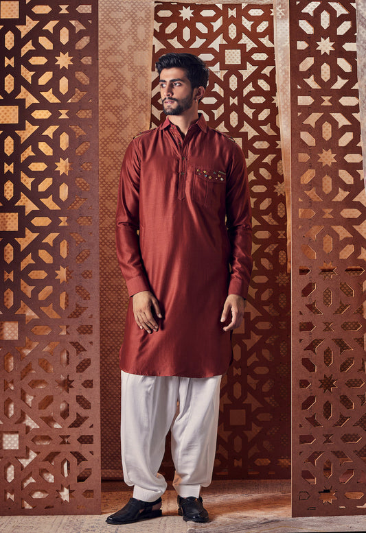 Men's Red Pathani with Salwar - Set of 2 by Charkhee with Chanderi, Cotton, Embroidered, Ethnic Wear, Kurta Salwar Sets, Mens Co-ords, Menswear, Naayaab, Natural, Nayaab, Nayaab by Charkhee, Pathani Kurta set, Red, Relaxed Fit at Kamakhyaa for sustainable fashion