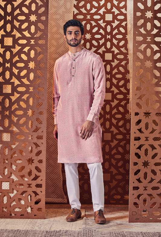 Men's Pink Printed Kurta with Pant - Set of 2 by Charkhee with Cotton, Crepe, Embroidered, Ethnic Wear, For Him, Kurta Pant Sets, Mens Co-ords, Menswear, Naayaab, Natural, Nayaab, Nayaab by Charkhee, Pink, Poplin, Relaxed Fit at Kamakhyaa for sustainable fashion