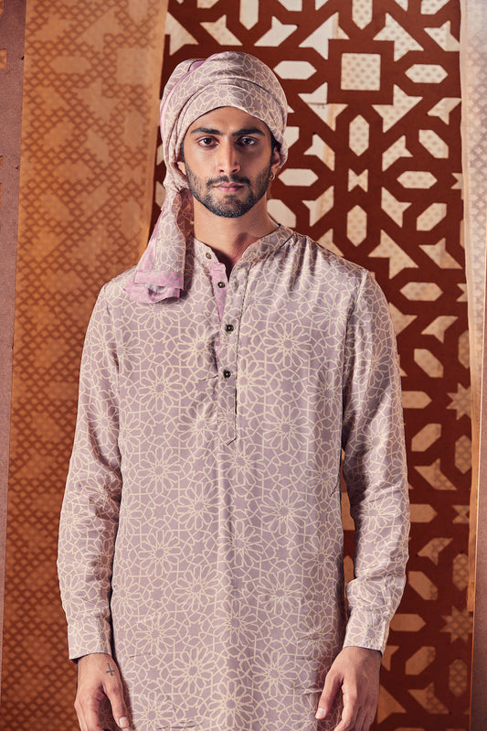 Men's Printed Kurta with Pant - Set of 2 by Charkhee with Beige, Cotton, Crepe, Embroidered, Ethnic Wear, Kurta Pant Sets, Mens Co-ords, Menswear, Naayaab, Natural, Nayaab, Nayaab by Charkhee, Poplin, Relaxed Fit at Kamakhyaa for sustainable fashion